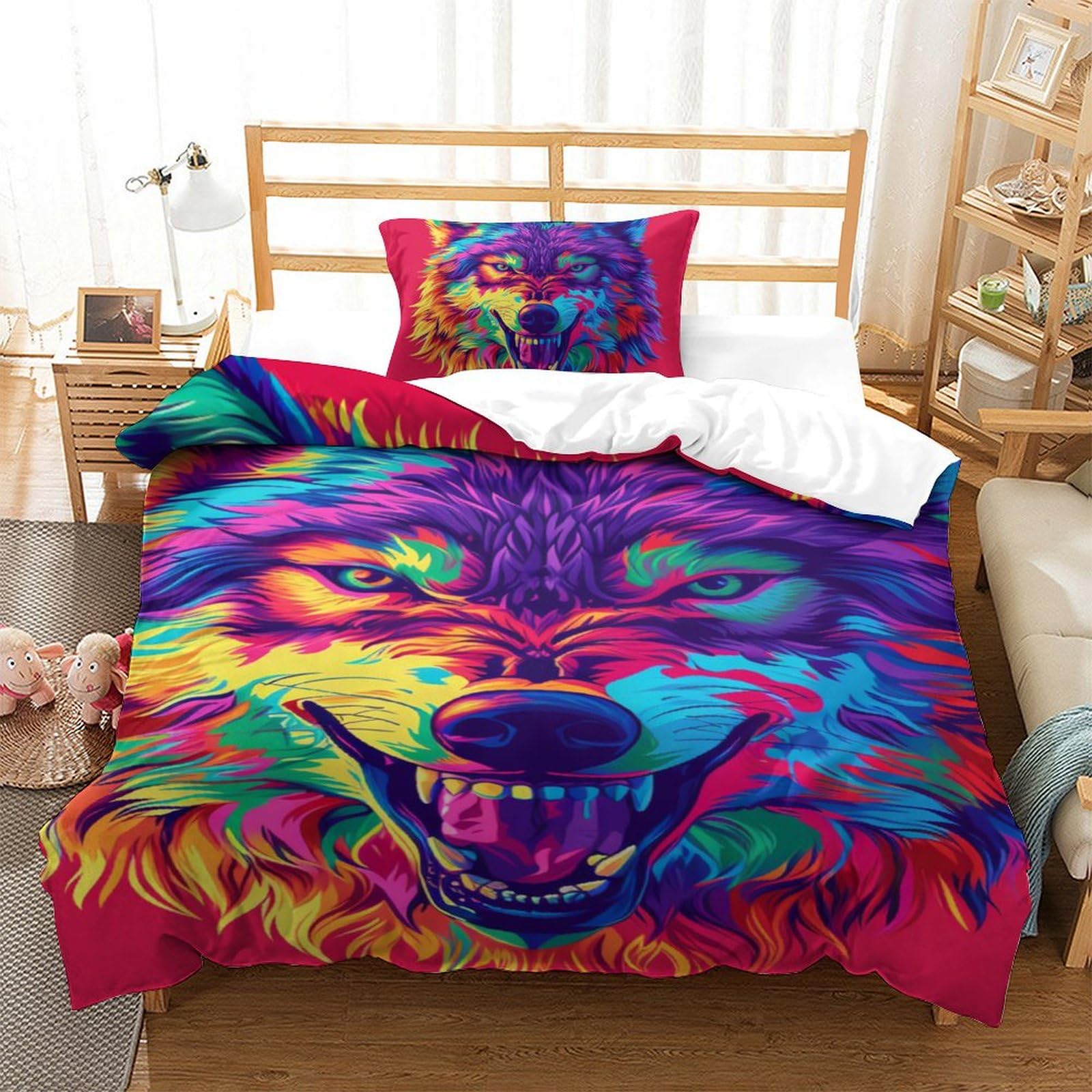 Parure de lit loup 3D 135x200 cm en microfibre avec 1 taie d'oreiller