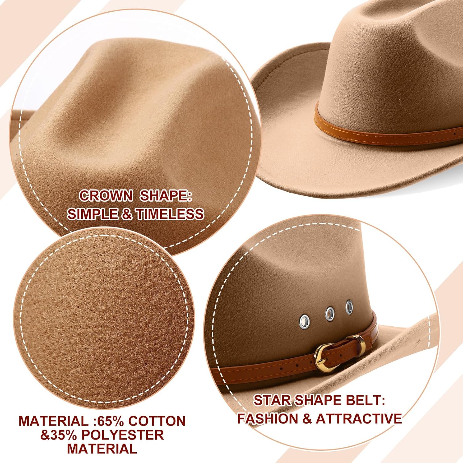 Cowboy Hat Felt Wide Brim Cowgirl Hats with Belt Classic Outdoor Western Style for Women Men Adults - Image 4