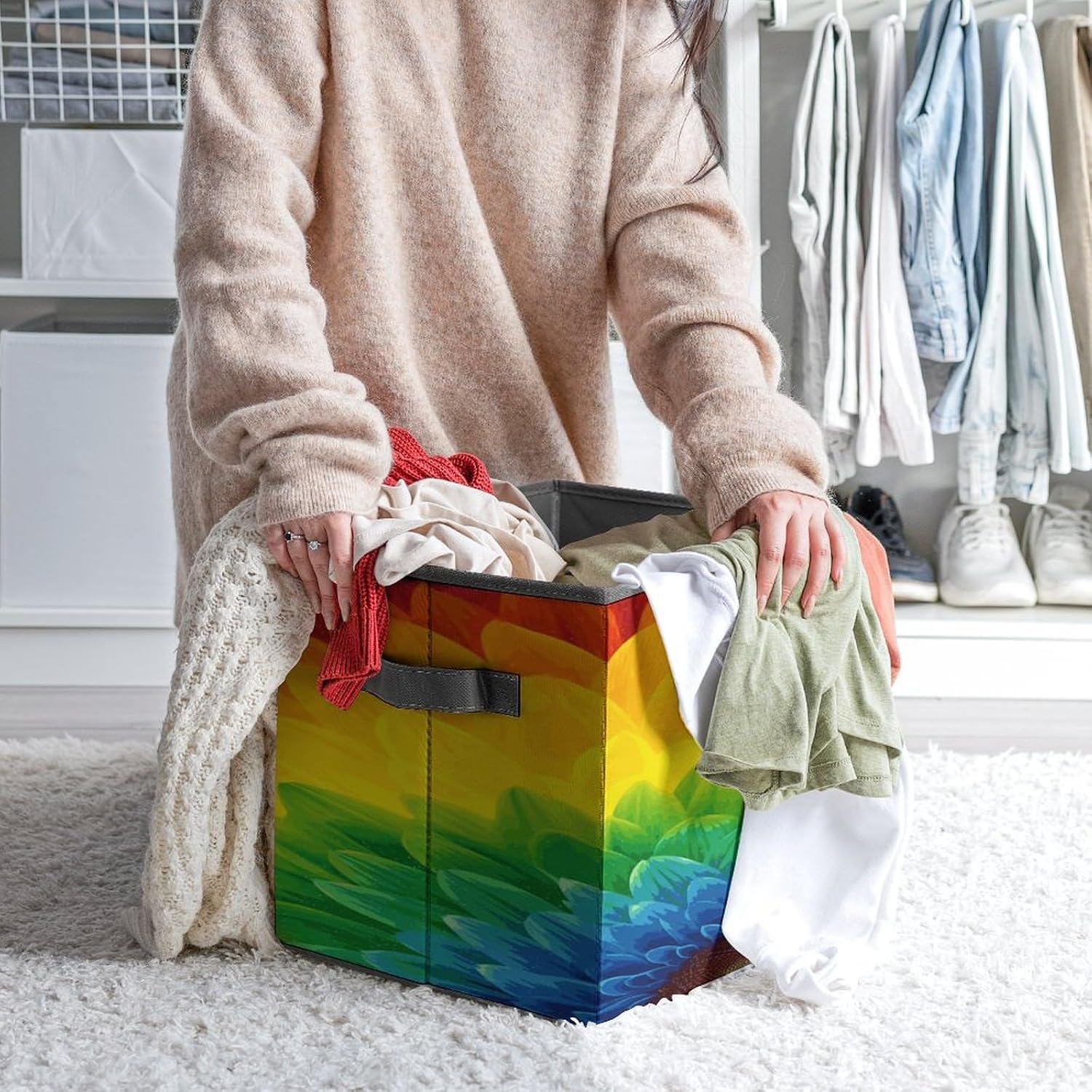 Sunflower Rainbow Fabric Bins Storage Basket Square Baskets | Storage Bin with Double Handles,Cube Collapsible Organizers for Organization,Closet,Shelves,Offices