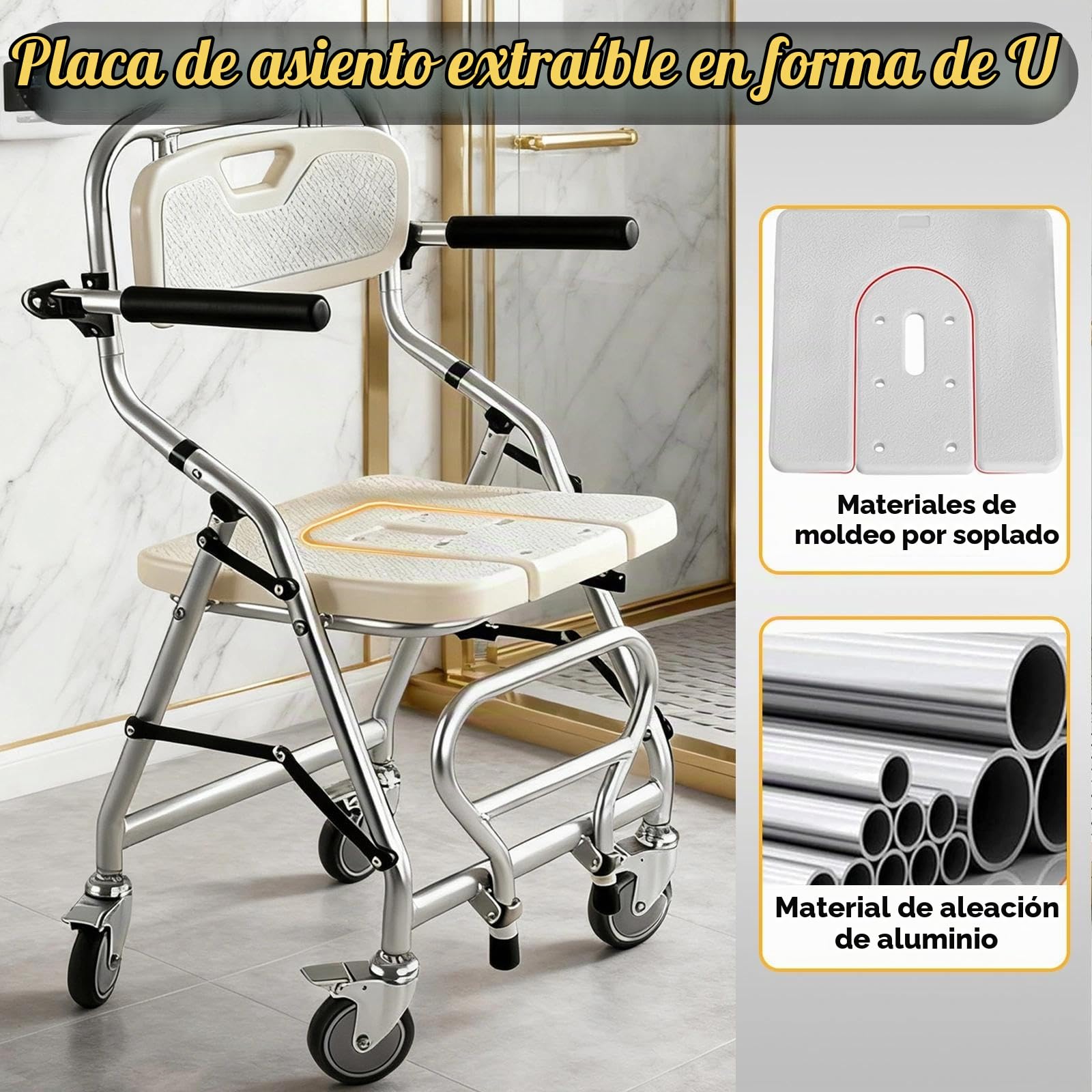 Silla de Ducha con Ruedas, Taburete de Ducha Plegable para Personas Mayores | Silla de Baño Ducha con Reposabrazos y Respaldo para Discapacitados y Mujeres Embarazadas, Carga 120kg
