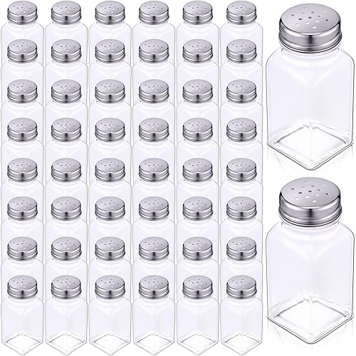 Bokon Paquete de 48 saleros de vidrio a granel con tapas de acero inoxidable, coctelera pequeña de especias de 2.7 onzas para cocina, restaurantes y