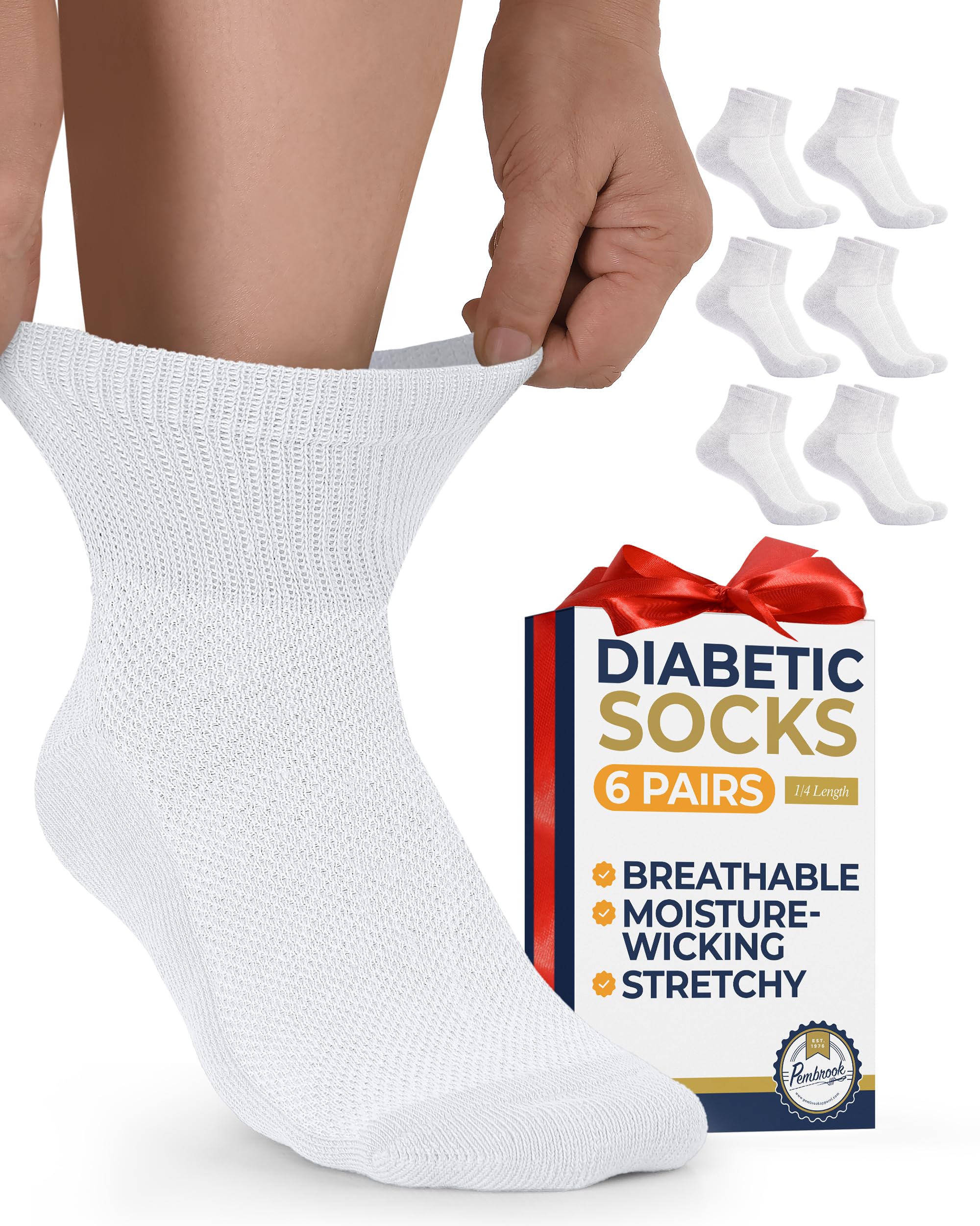 Pembrook Ankle Diabetic Socks for Women & Men | 6 Pairs | Wide Non Binding Socks Quarter Length | Edema Neuropathy Socks