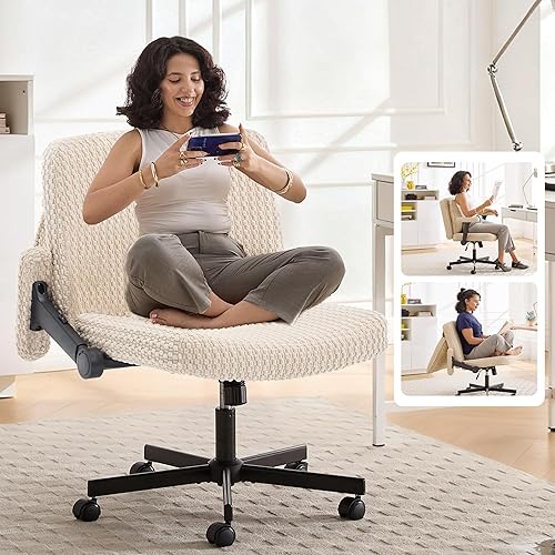 Fizzin Silla cruzada con ruedas y brazos, asiento de oficina de 27 pulgadas de ancho con cojín de respaldo abatible, silla giratoria beige de