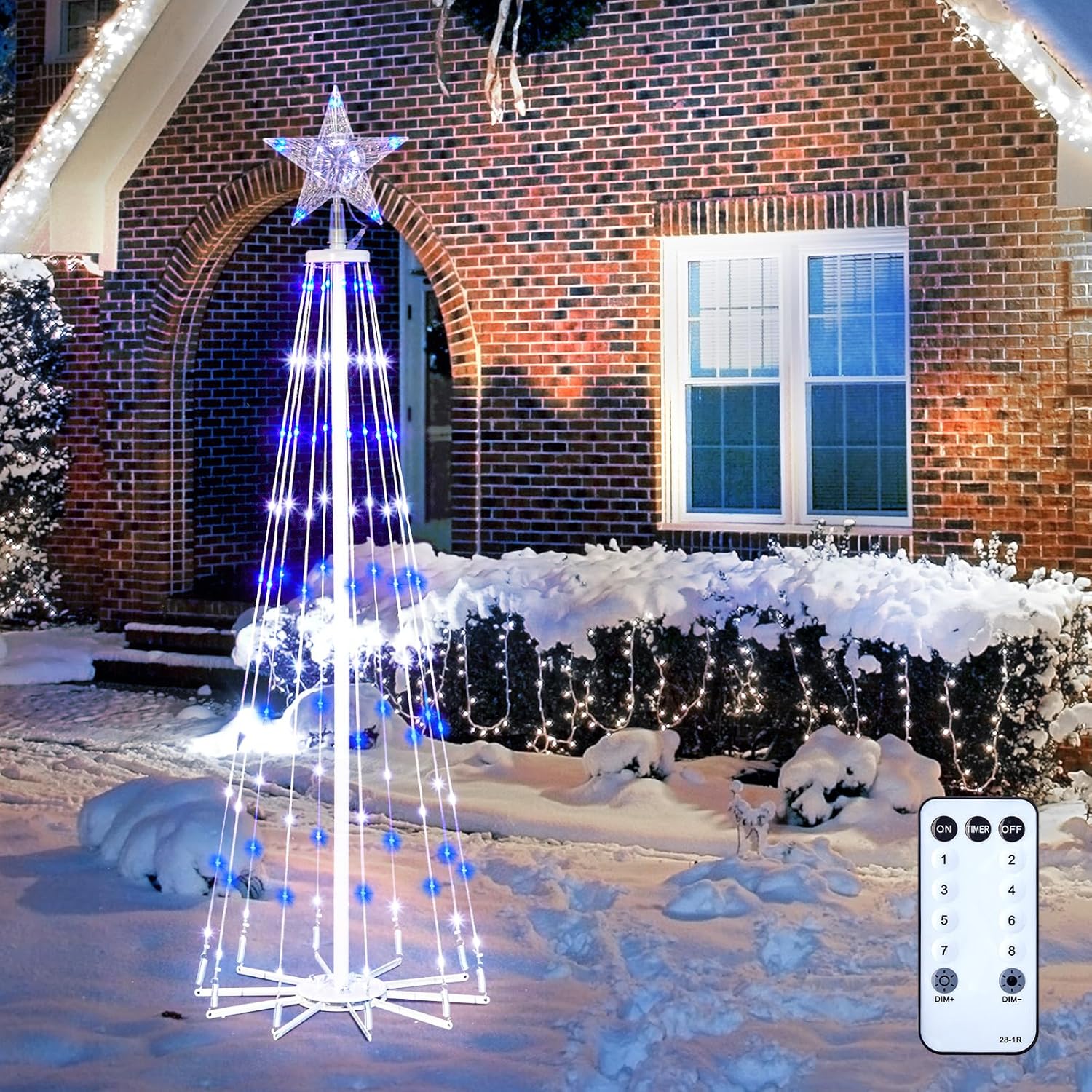 LED Christmas Cone Tree Light with Remote, 4 Feet 110 LED Outdoor Lightshow Christmas Tree with Star Topper, Dimmable Artificial Christmas Tree for Porch Yard Patio Indoor Decorations, Blue & White