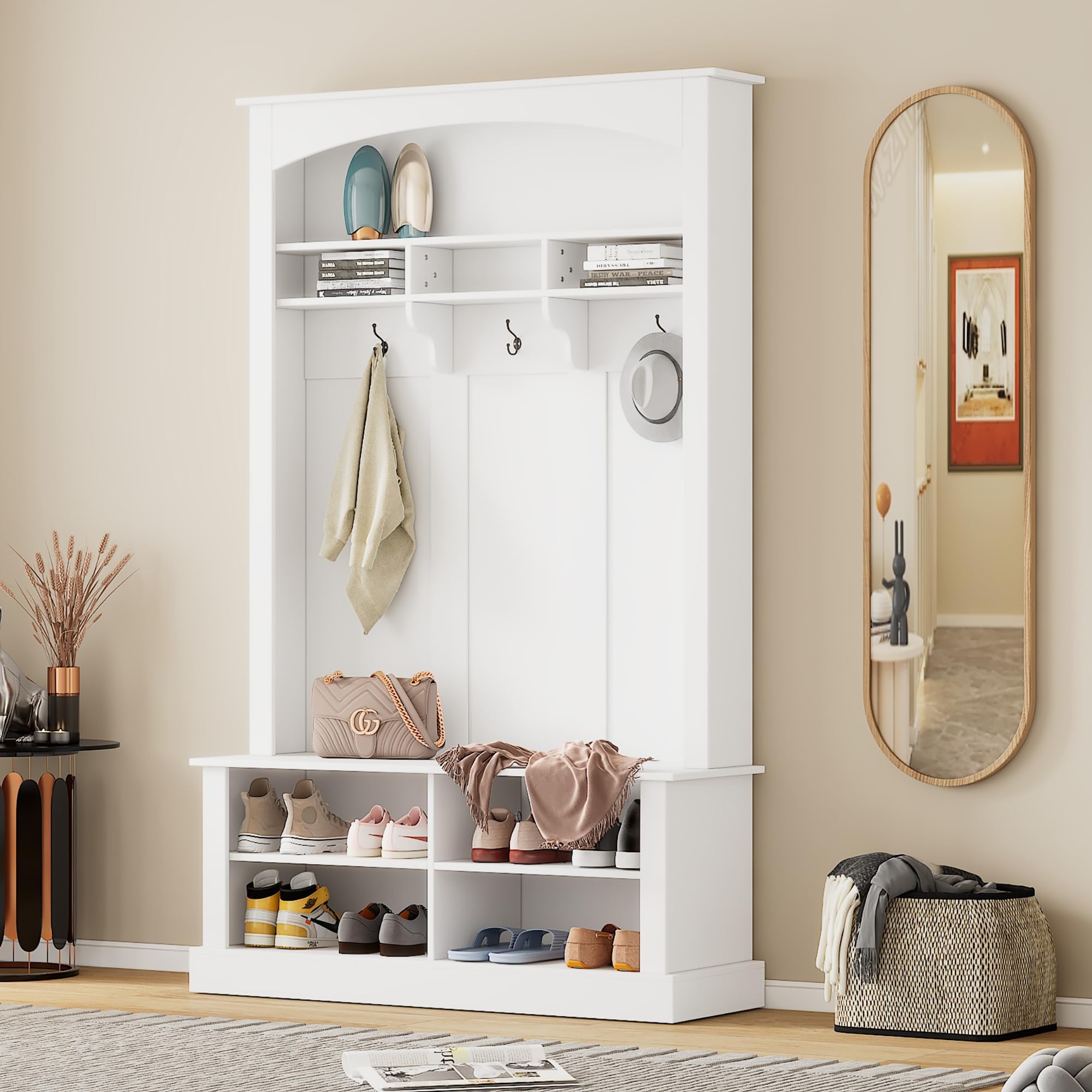 Merax Farmhouse Wood Hall Tree with Shoe Storage Bench for Entryway, 3-in-1 Coat Rack with 3 Hooks and Shelves for Entrance, Hallway White