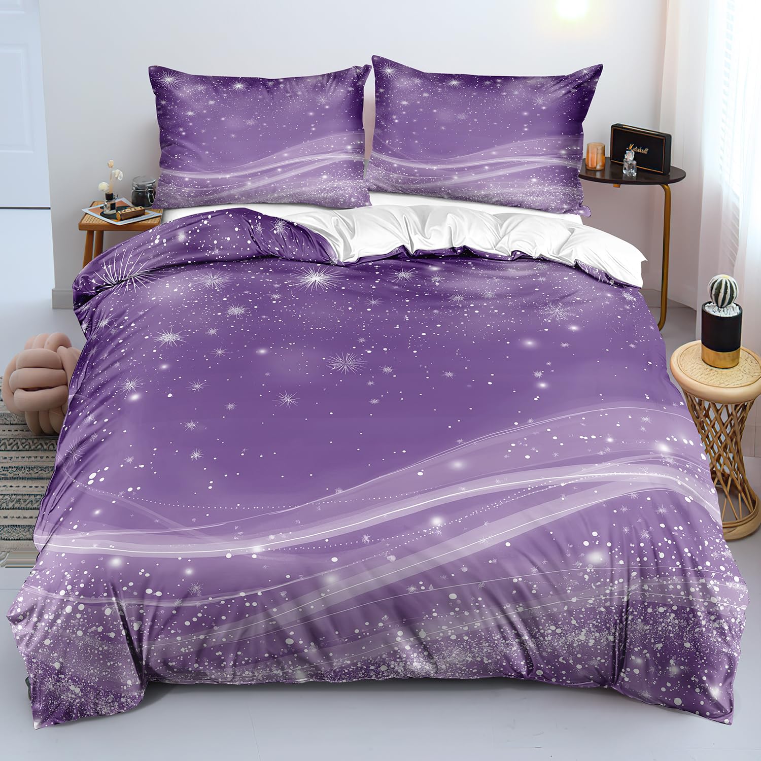Parure de lit 240x220 motif vagues violet et blanc housse de couette ado et enfant