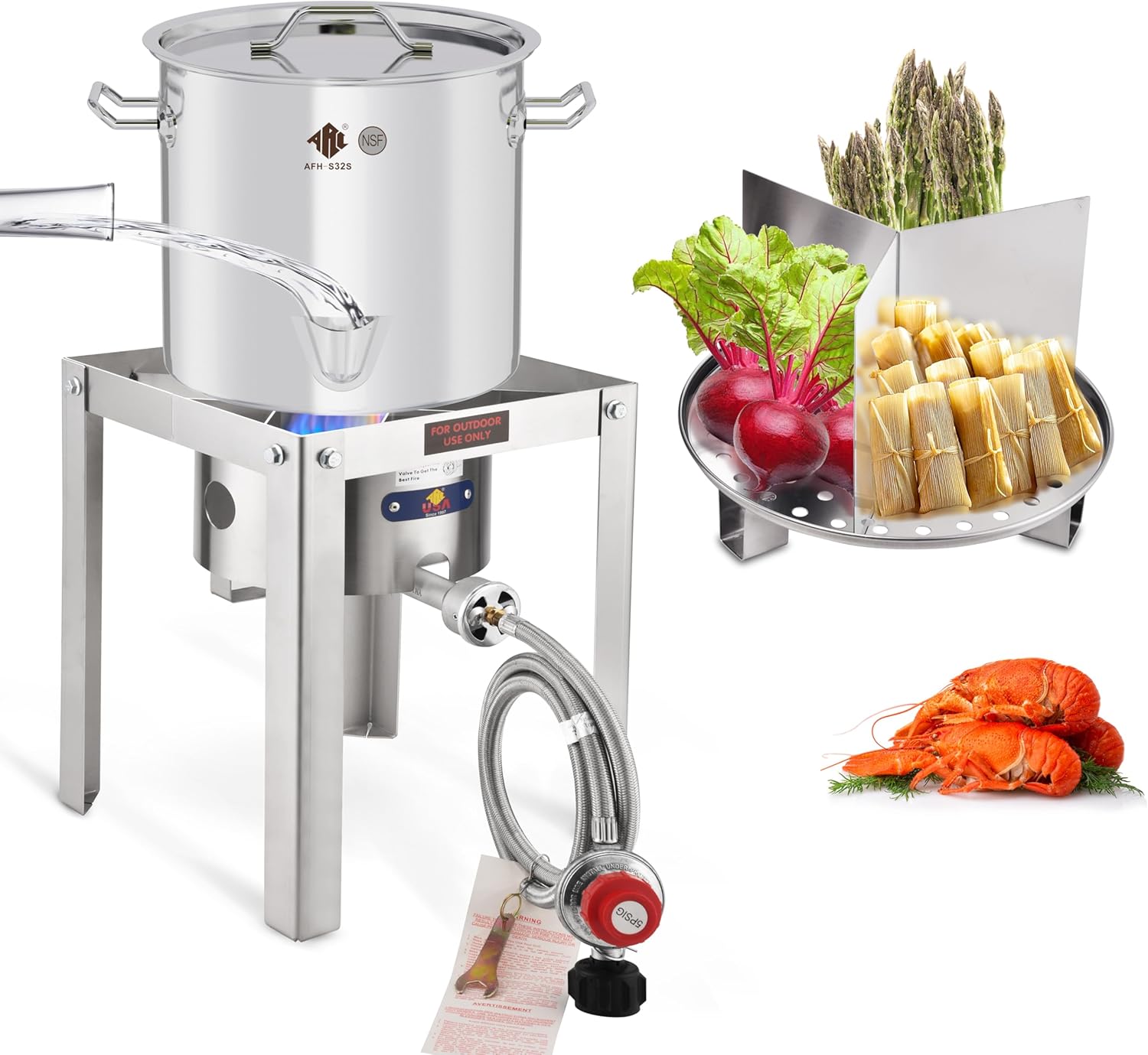 ARC 52QT Stainless Steel Steamer Pot With Portable Propane Burner For Outdoor Cooking, Seafood Crab-Vegetable-Tamale Large Pot with Water Spout, Divider and Steamer Rack, High Efficiency Stove