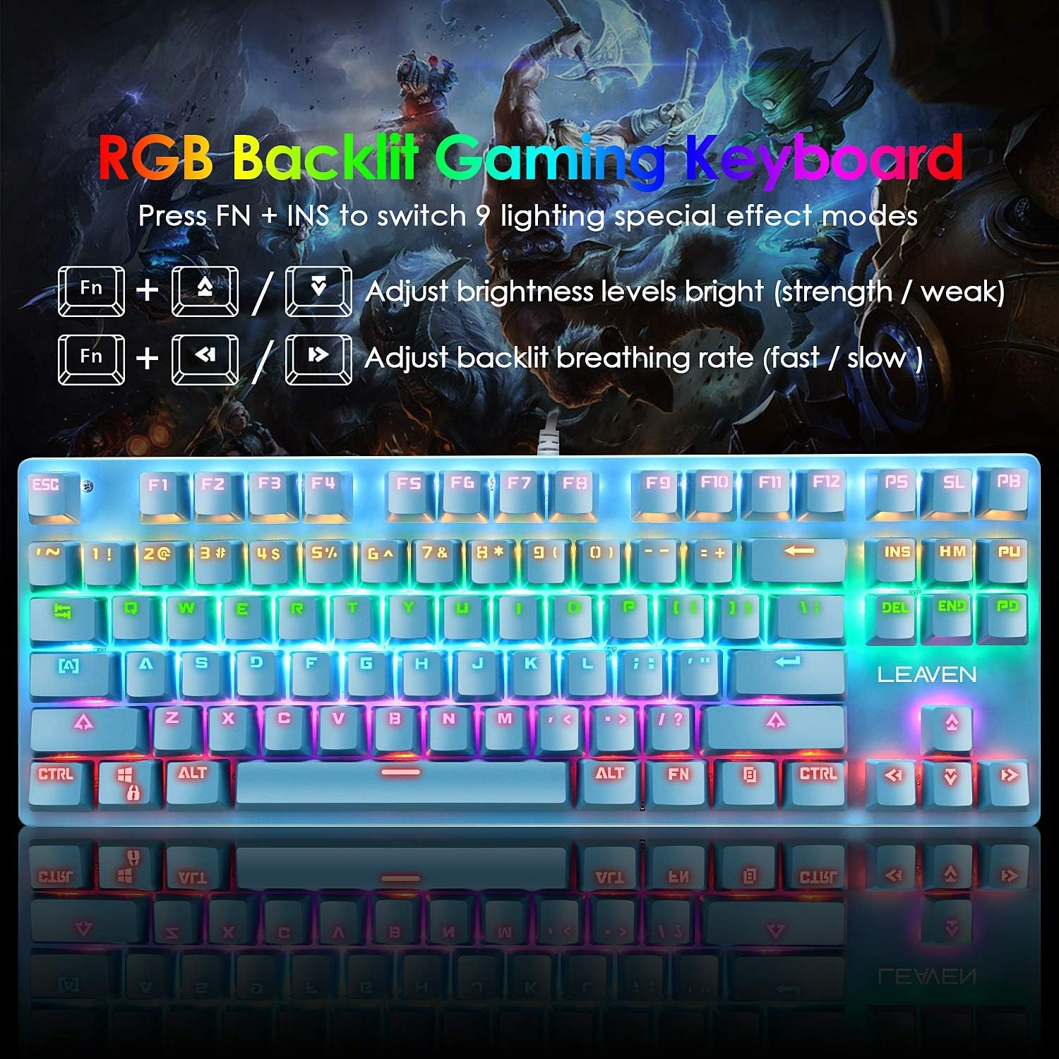 Gaming Keyboard and Mouse Combo，87 Keys Rainbow Backlit Mechanical Keyboard,RGB Backlit 6400 DPI Lightweight Gaming Mouse with Honeycomb Shell,Large Mouse Pad for PC Game(Blue) (Renewed)