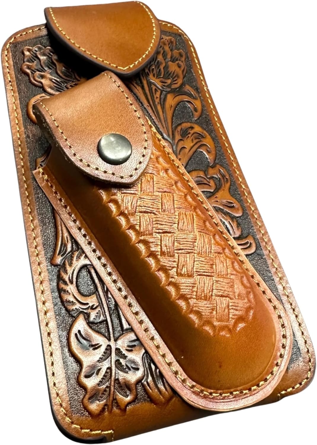 Western Leather Phone Belt Holster and Knife Holder Floral Leather Embossed Cowboy Basketweave High End Handmade Cell Phone Case Tooled Case Universal (Light Brown)