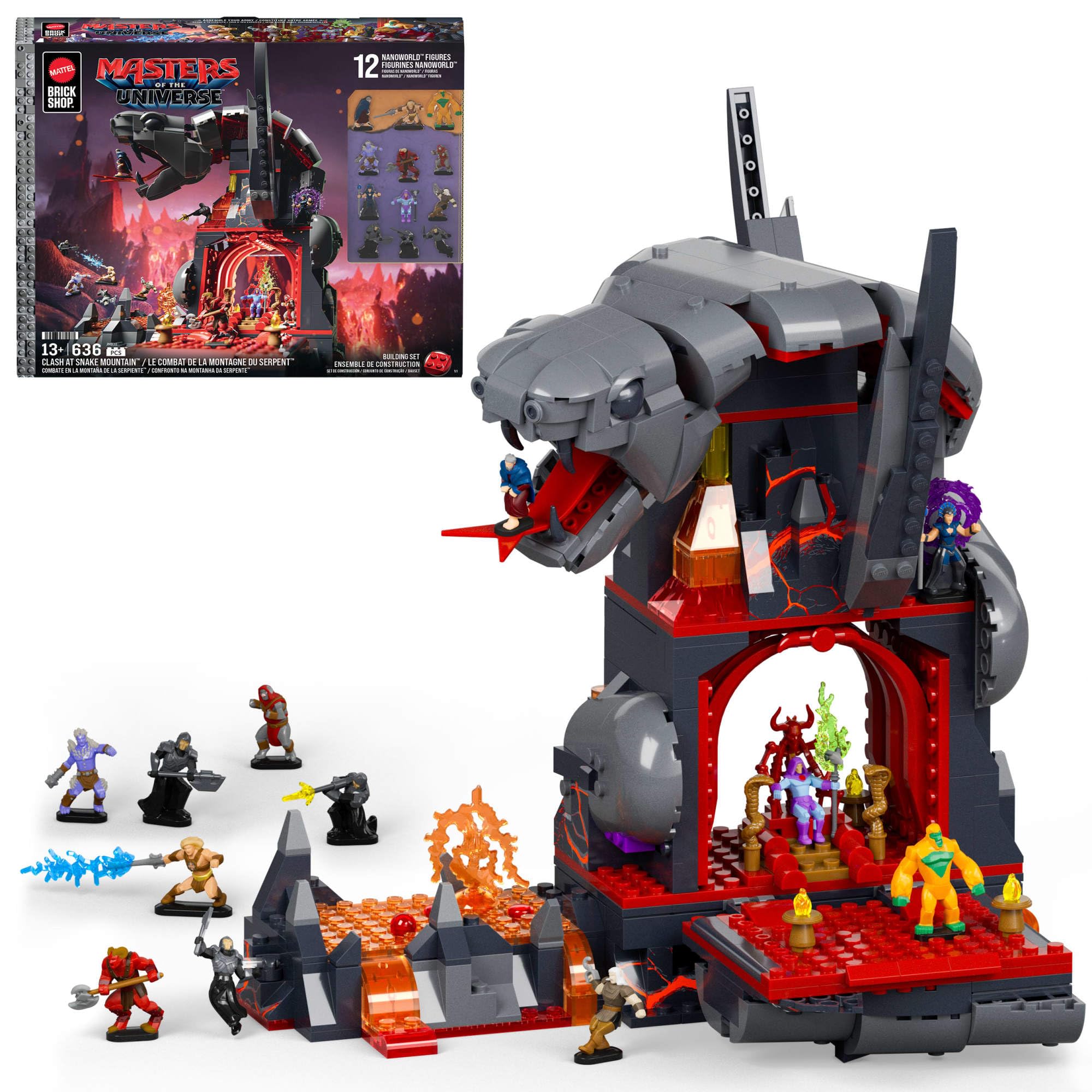 ​Mattel Brick Shop Masters of the Universe Building Set, Clash at Snake Mountain with 636 Pieces and 12 Figures, Adult Collectors and Ages 13+, JMB31