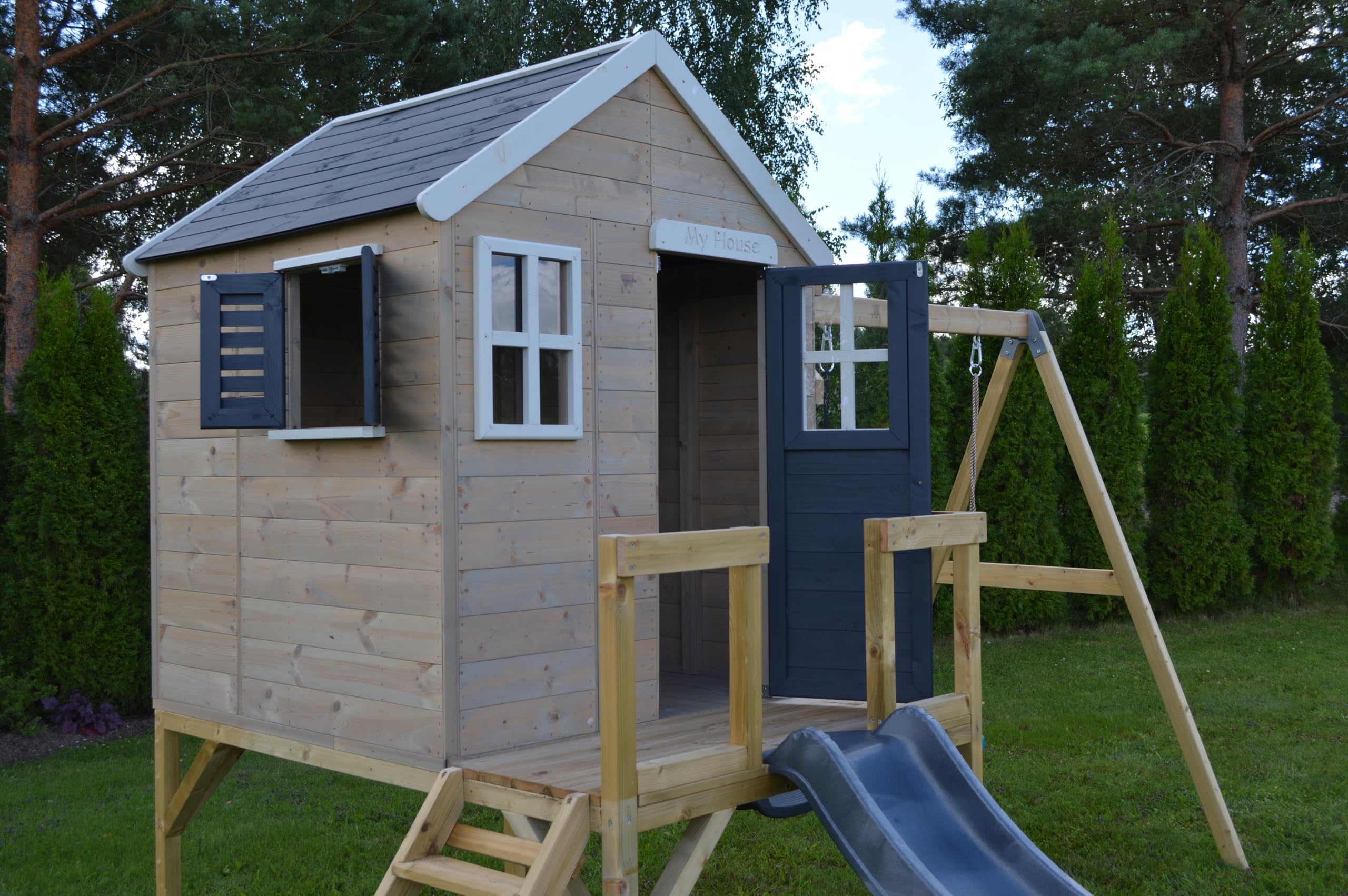 Wendi Toys M28 Maison de jeu en bois FSC avec toboggan et double balançoire, pour enfants, jardin, extérieur, 90 cm, 330 x 405 x 242 cm, avec toboggan Wendi Toys M28 Maison de jeu en bois FSC avec toboggan et double balançoire, pour enfants, jardin, extérieur, 90 cm, 330 x 405 x 242 cm, avec toboggan