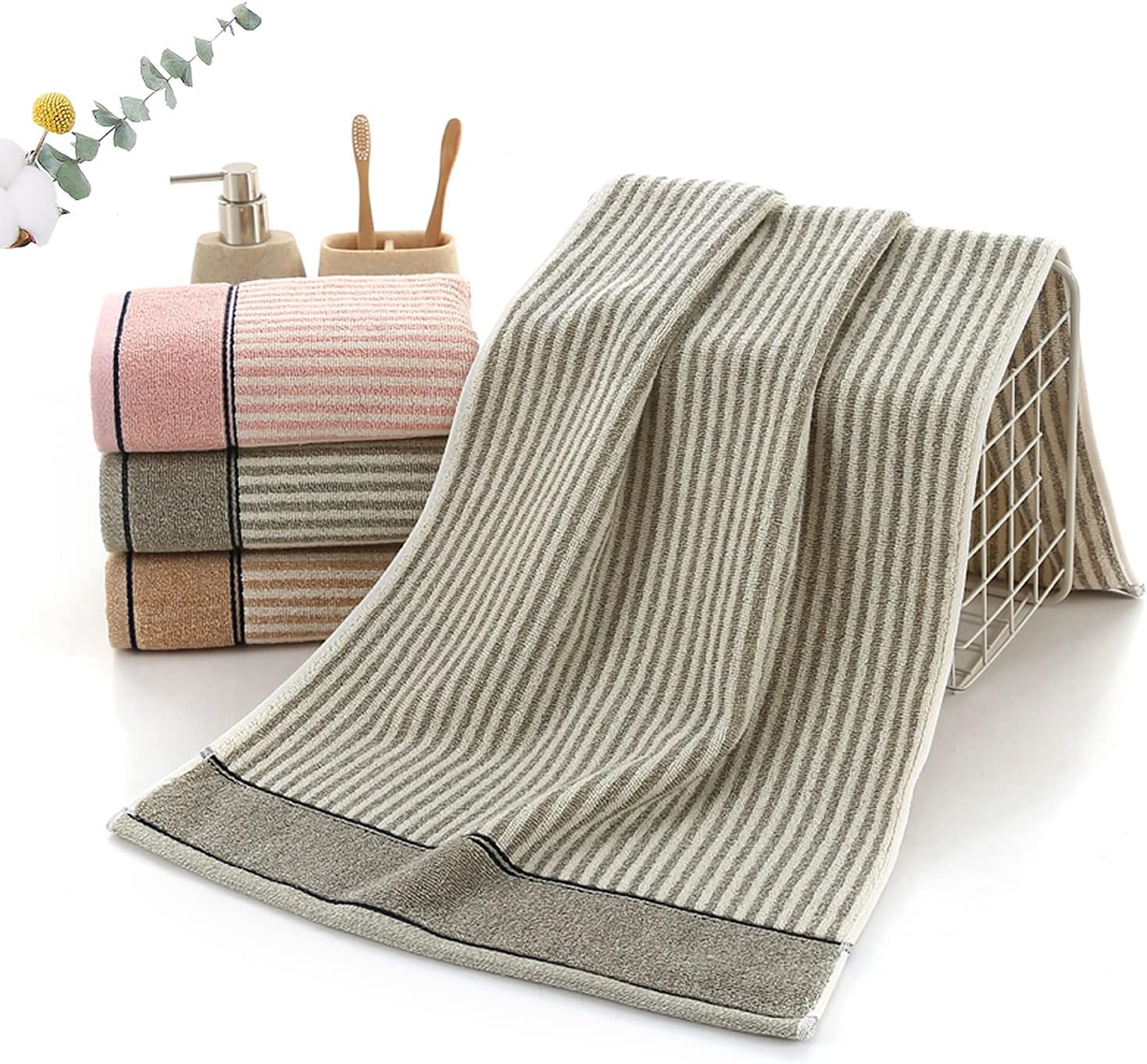 Pidada Hand Towels Set of 2 100% Cotton Striped Pattern Absorbent Soft Decorative Towel for Bathroom (Gray Brown) - Image 5
