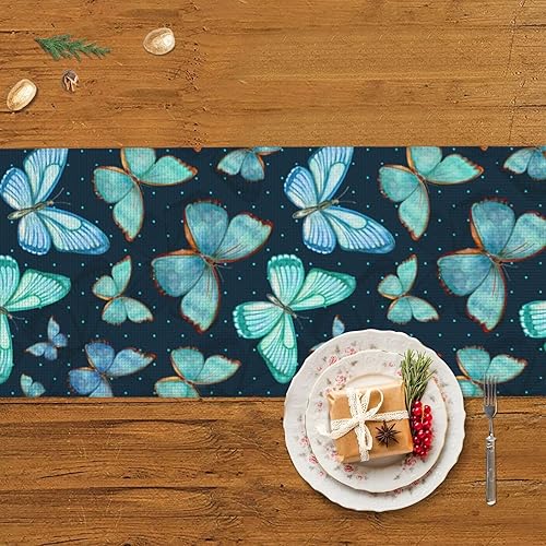 Miniatura 5 de Camino de mesa de Navidad con mariposas azules, decoración de mesa de comedor, decoración de Navidad, decoración de interiores del hogar, caminos de