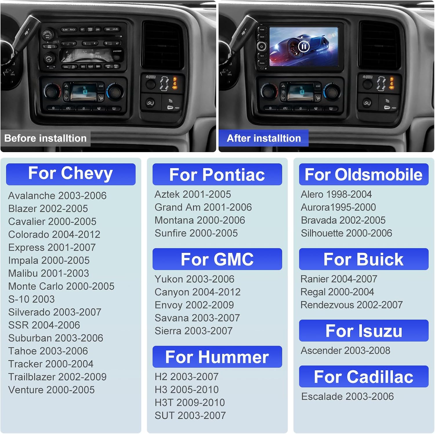 7 Inch IPS 2+64GB Touchscreen Android 14 Car Stereo for Chevrolet Silverado Impala Tahoe GMC Sierra Yukon Hummer with CarPlay & Android Auto Car Radio, Support WiFi 6, Bluetooth 5.4, Backup Camera