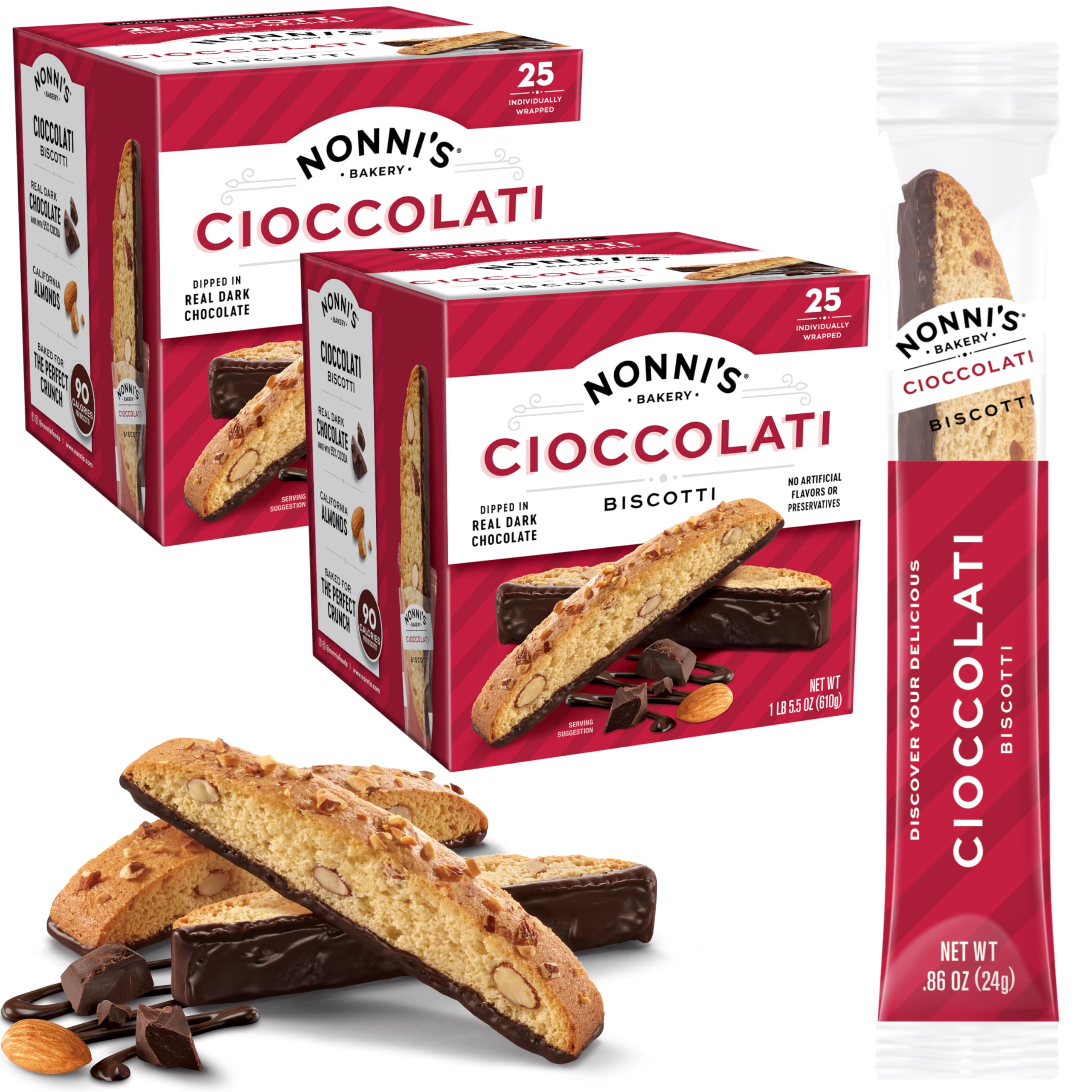 Nonni's Cioccolati Dark Chocolate Almond Biscotti Cookies – Individually Wrapped Italian Coffee Snack, Crunchy Twice-Baked, 90 Cal Each, 21.5 oz Carton, 2 Pack