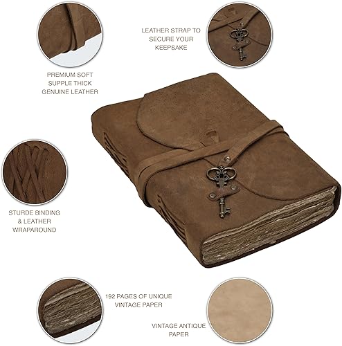 Miniatura 4 de RARE & RUSTIC Diario de cuero vintage con llave, papel antiguo hecho a mano, gran regalo para todos, marrón vintage, 7 x 5 pulgadas