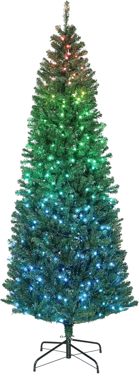 HOMCOM 7ft Prelit Christmas Tree with Colorful DIY Synchronized LED Lights, Slim Fir, Xmas Tree with 12 Modes, Daily Timer, Adjustable Brightness and Speed, Remote, Dense Tips, Green