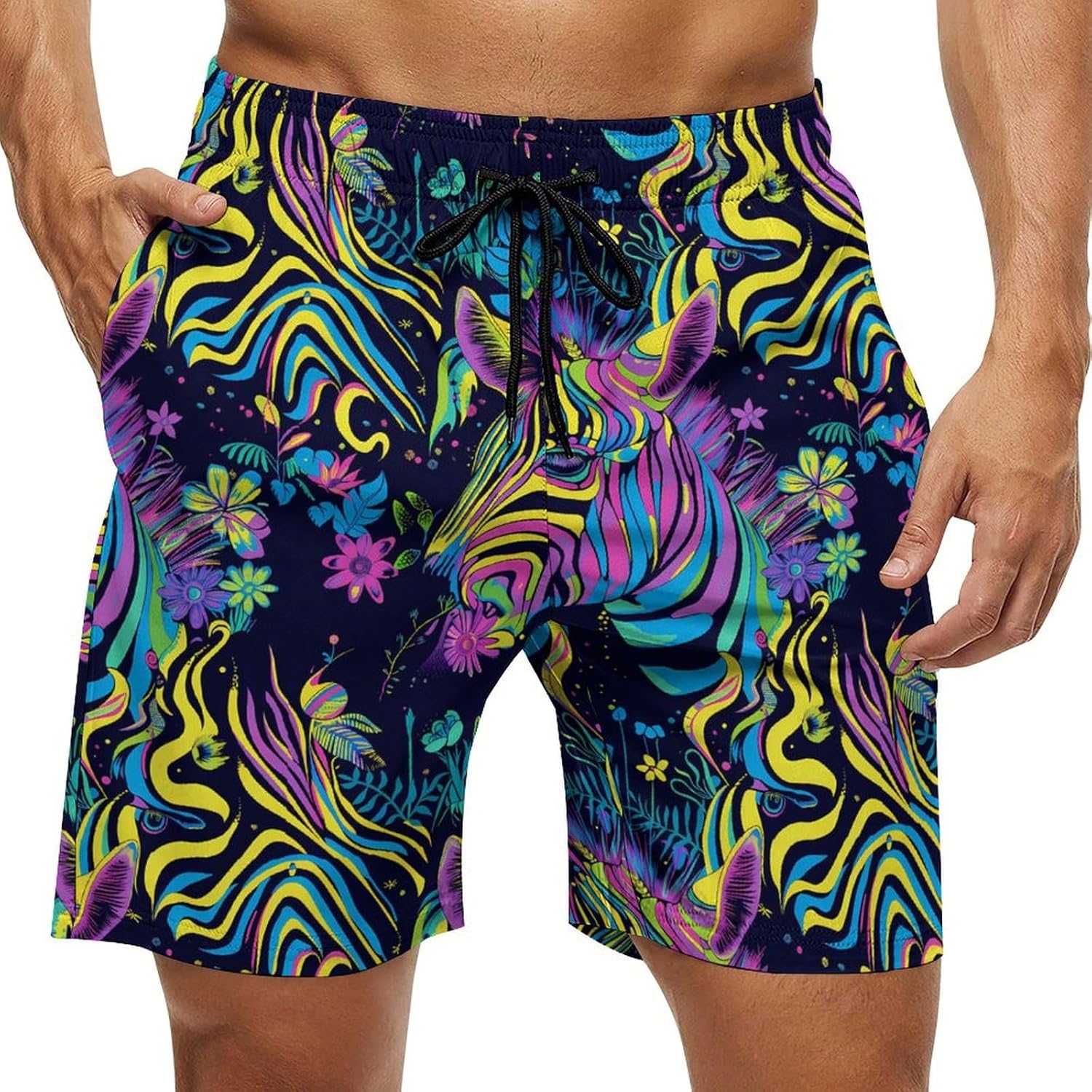Psychedelic Zebra Casual Men's Swim Trunks Novelty Summer Beach Shorts Swimwear with Pocket