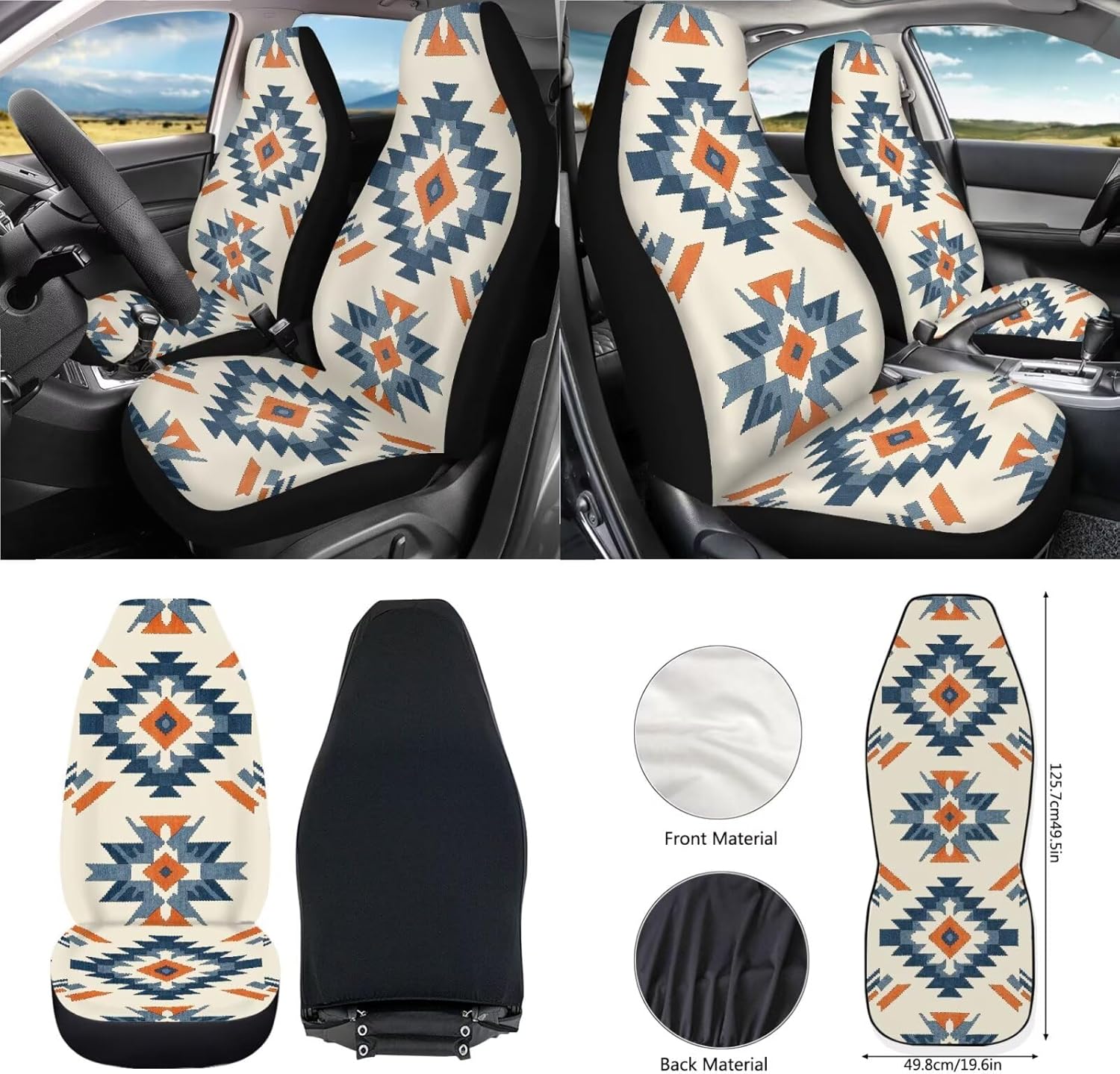 Wanyint 12 PCS Auto Accessories Car Seat Covers Set, with Steering Wheel Seat Belt Armrest Rear View Mirror Cover Trash Bin Sunglass Pocket Coaster Key Chain, Southwest Aztec Blue Orange