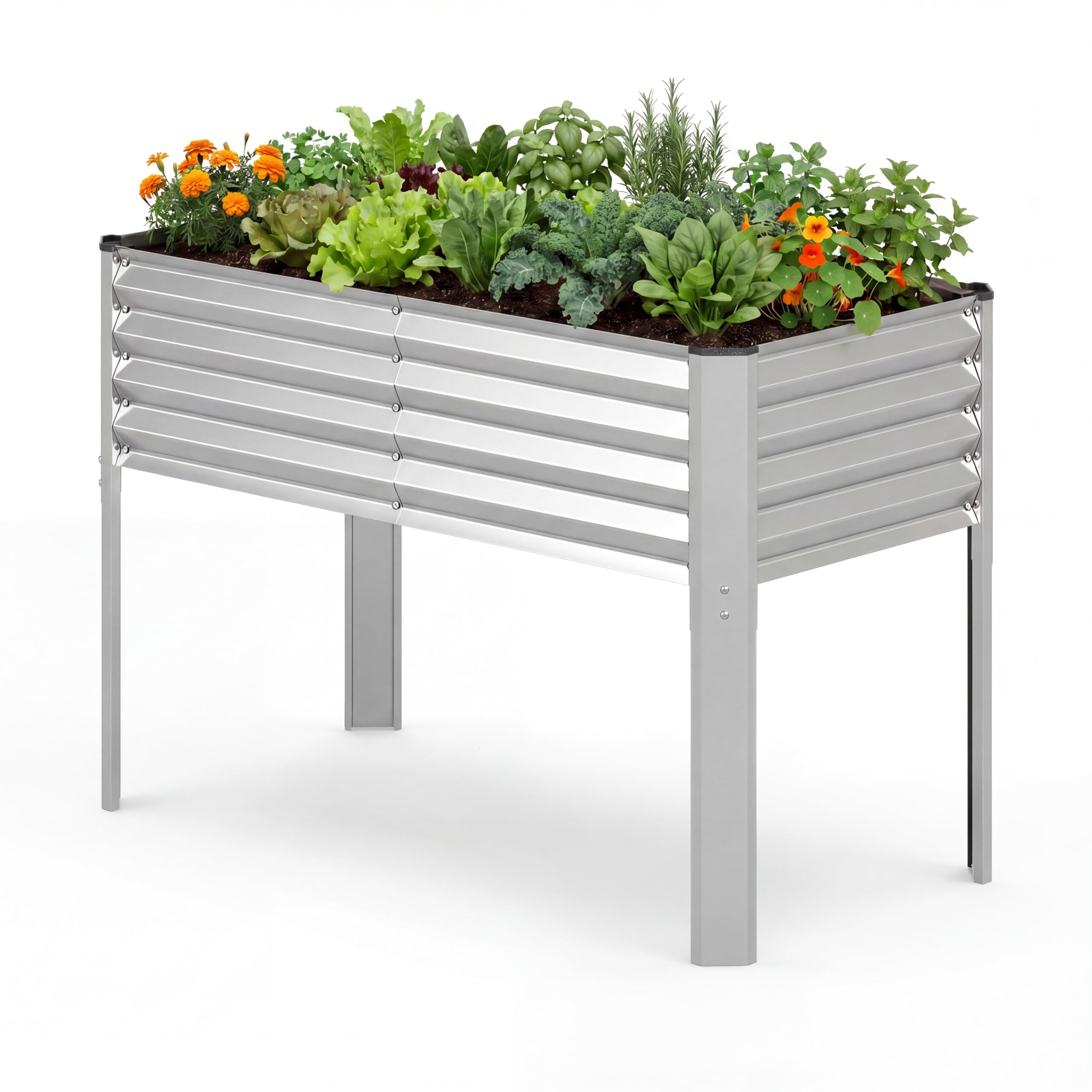 GOPLUS Jardiniere sur Pieds Surélevé en Métal, 118x60x77,5 CM, Carre Potager Rectangulaire Épais, Système de Drainage, Charge 50KG, Ergonomique, Potager sur Pieds pour Jardin, Terrasse (Argenté)