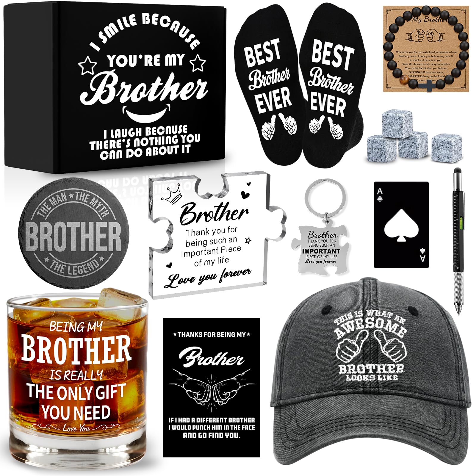 15 Pcs Brother Gifts from Sister Brother with 11 Oz Whiskey Glass Coaster Hat Socks Acrylic Plaque Bracelet Keychain, Birthday Christmas Christian Gift for Men Son Nephew Grandson
