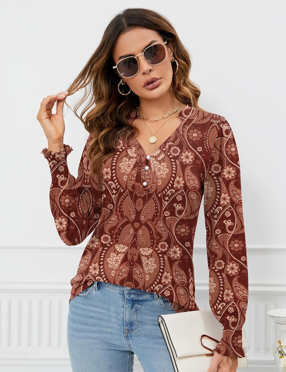 Rapbin Womens V Neck Puff Long Sleeve Button Down Tunic Blouses Fall Tops 2025 Ruffle Cuffs Dressy Casual T-Shirts - Image 2