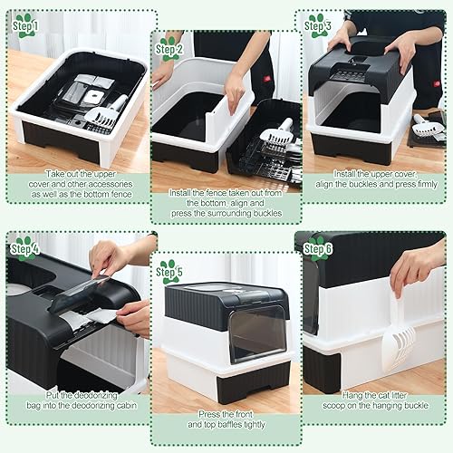 Miniatura 3 de Tioncy Kit de iniciación de 7 piezas para gatos pequeños, caja de arena para gatos con pala y alfombrilla de arena para patas, cuencos dobles Negro