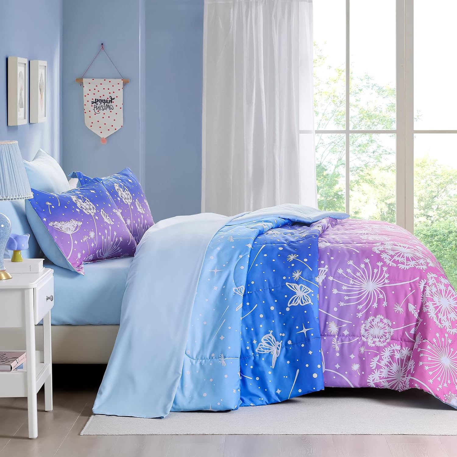 Menghomeus Girls Comforter Set Queen Size 7 Pieces Bed in A Bag Ombre Blue Pink Bedding Set Dandelion Butterfly Print Kids Bedding Collections