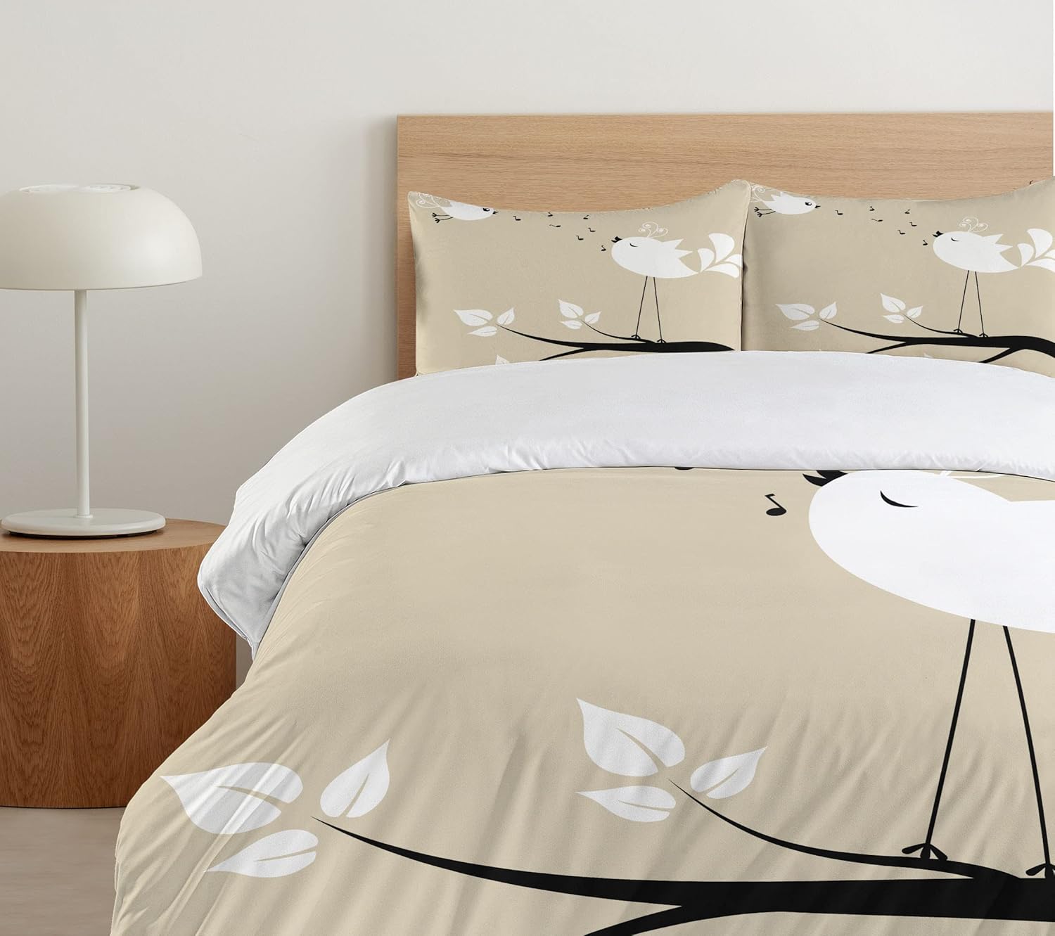 Ambesonne Birds Duvet Cover Set, 2 Birds on a Branch Singing Love Songs Friend Valentine Couple Hope Living, Decorative 3 Piece Bedding Set with 2 Pillow Shams, Queen Size, Cream Black