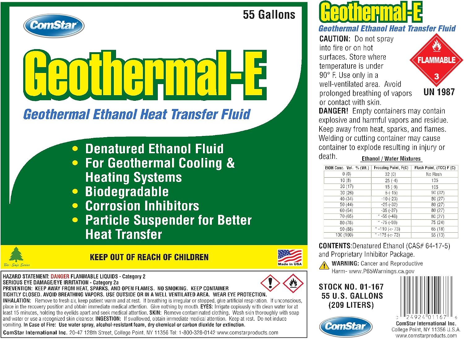 Geothermal - E, 55 Gallon, Heat Transfer Fluid, Specially Formulated for Geothermal Systems, Super Concentrated Ethanol Formula, Made in USA (01-167)