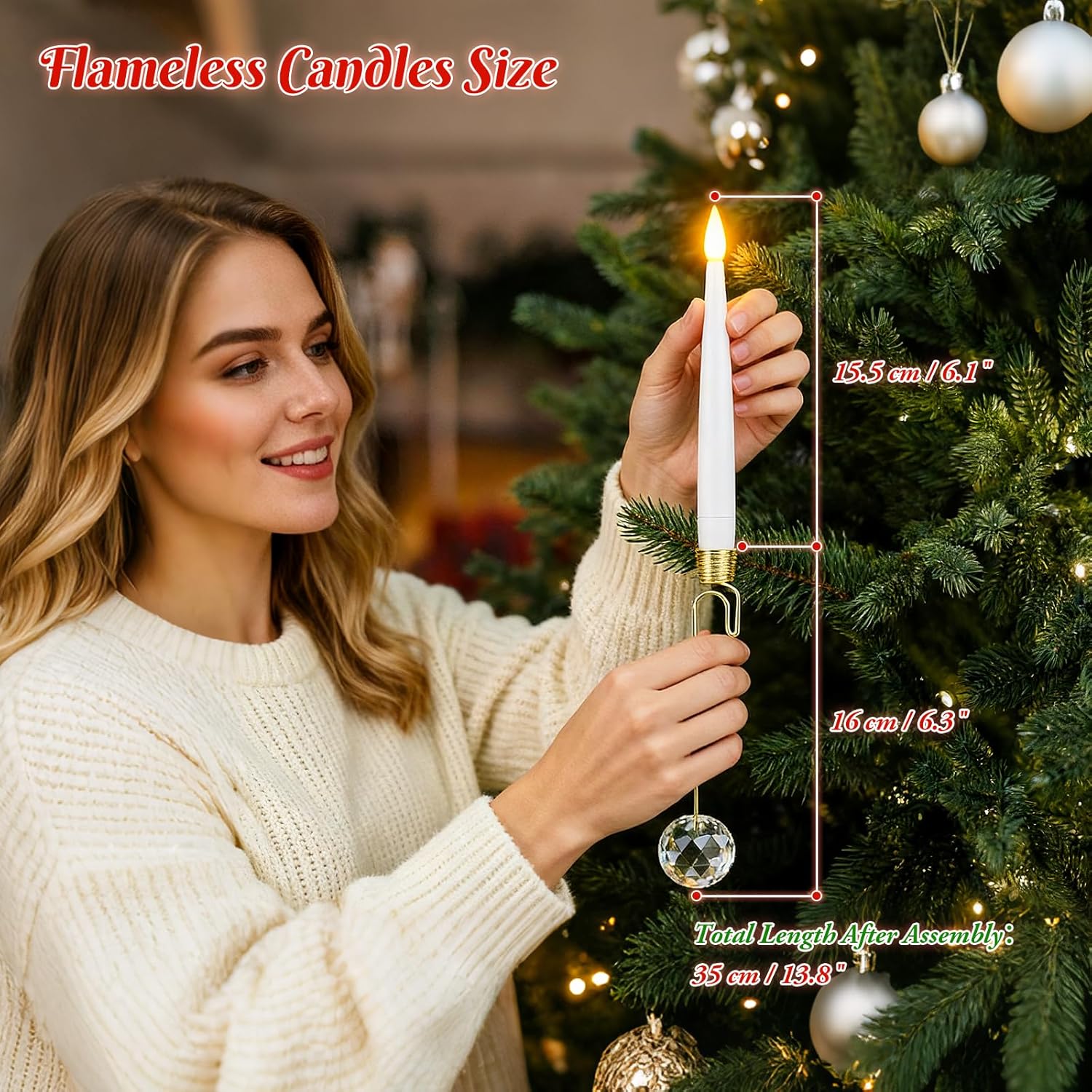 0.4" x6" LED Short Taper Candles with 12 Crystal Ball Hooks, 12 Pcs Flameless Christmas Tree Hanging Candles with Remote, Battery Operated Taper Candle for Xmas, Home, Indoor and Party