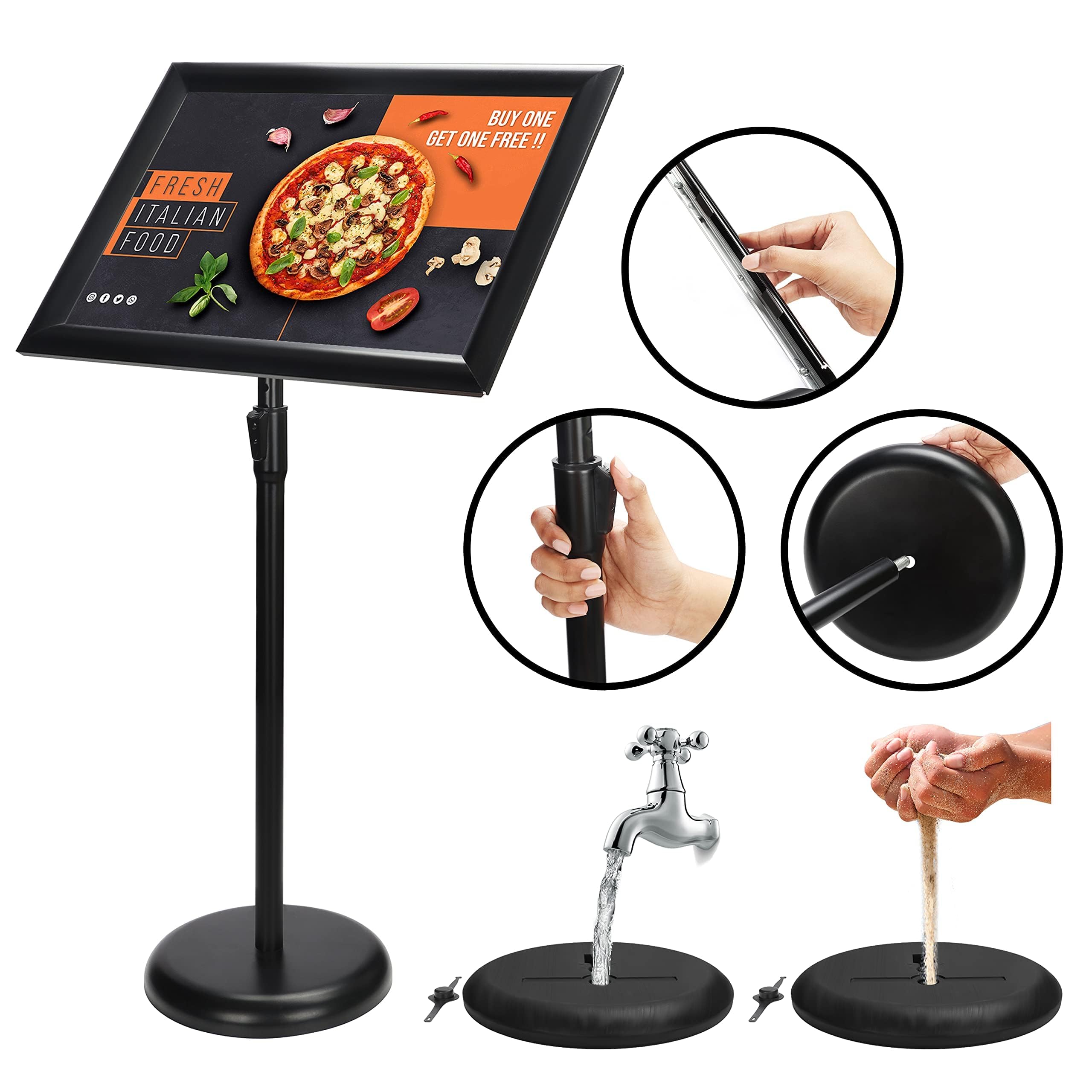 BELLE VOUS Espositore A3 Poster Board Nero - Espositori per Negozi Piedistallo in Alluminio - Espositore da Terra Porta Avvisi Verticale e Orizzontale per Matrimoni, Attività e Porta Menu Ristorante
