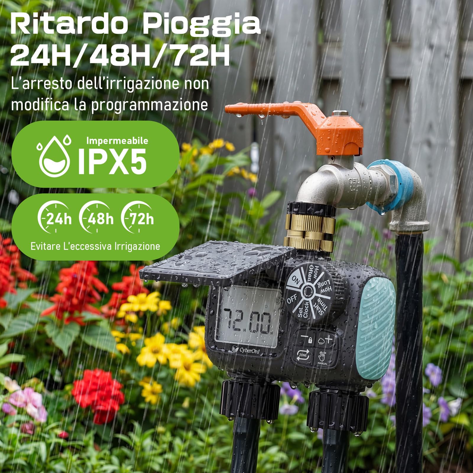 Timer per Irrigazione Solare CyberOrd a 2 Zone, Centralina Irrigazione con Ricarica Solare, Programmatore di Irrigazione con Modalità Auto/Manuale/Ritardo Pioggia per Prato/Patio/Giardino