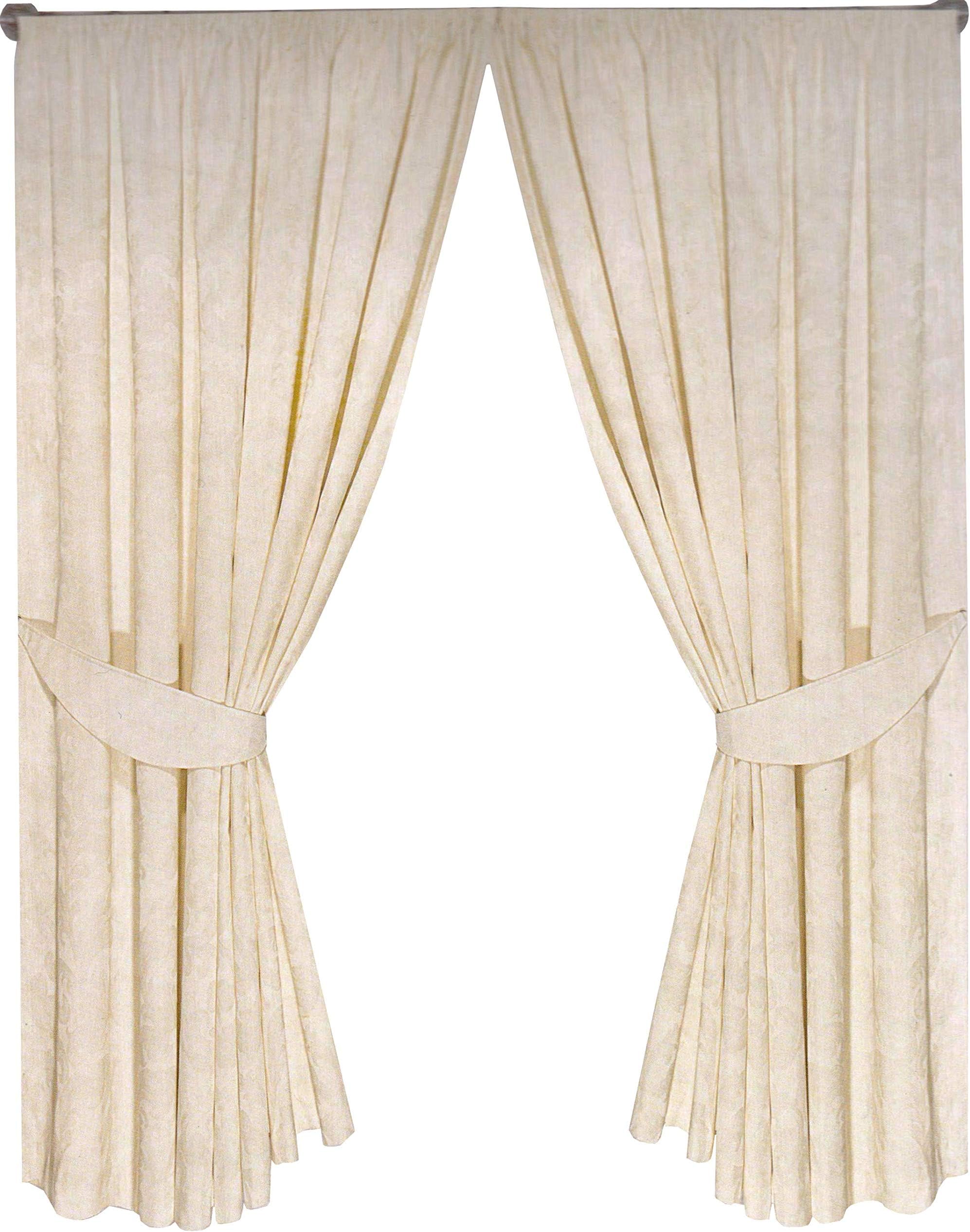 One Pair of 90" x 108" Fully Lined Cream Jacquard Curtains with Two Tiebacks Cream