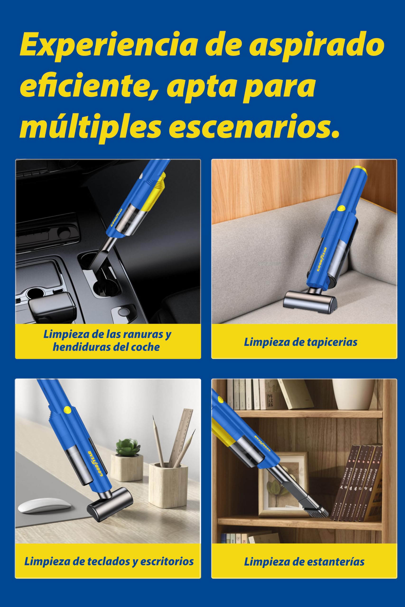 Goodyear Lineo Aspirador Portátil sin Cable para Coche, Hogar u Oficina. Motor 50W con Succión de 5.000Pa, Batería 1800mAh, Carga USB-C. Depósito 125 ml, Diseño Compacto y Silencioso