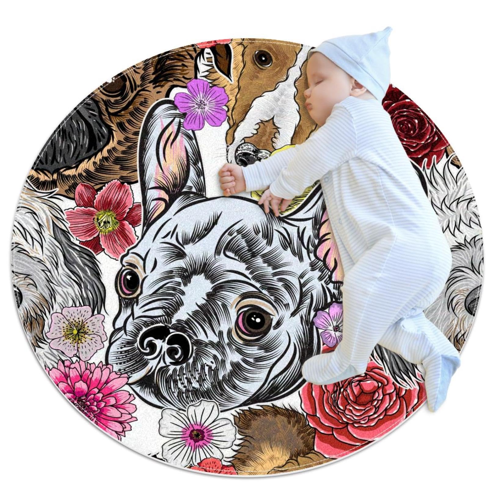 Tapis salle de bain antidérapant rond 1m motif Carlin et Bouledogue