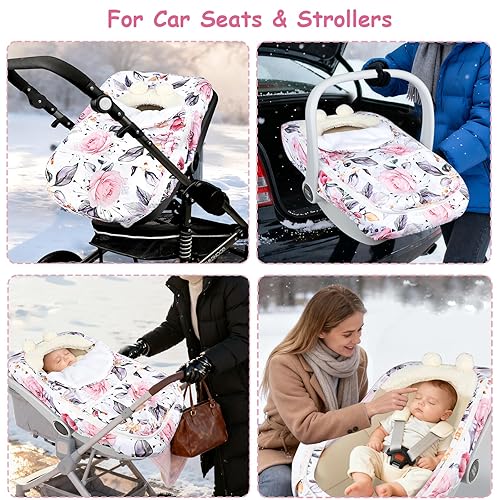 Miniatura 9 de Pea Pod Pack of Baby Car Seat Head Support and Winter Car Seat Cover Set Warm Plush Fleece Inner Protect Baby from Cold Wind, Stylish Floral