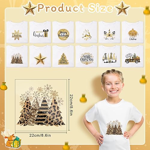 Miniatura 8 de Fumete 12 hojas de transferencia para planchar de Navidad para camisetas, calcomanías rosadas para planchar, alce, muñeco de nieve, árbol,