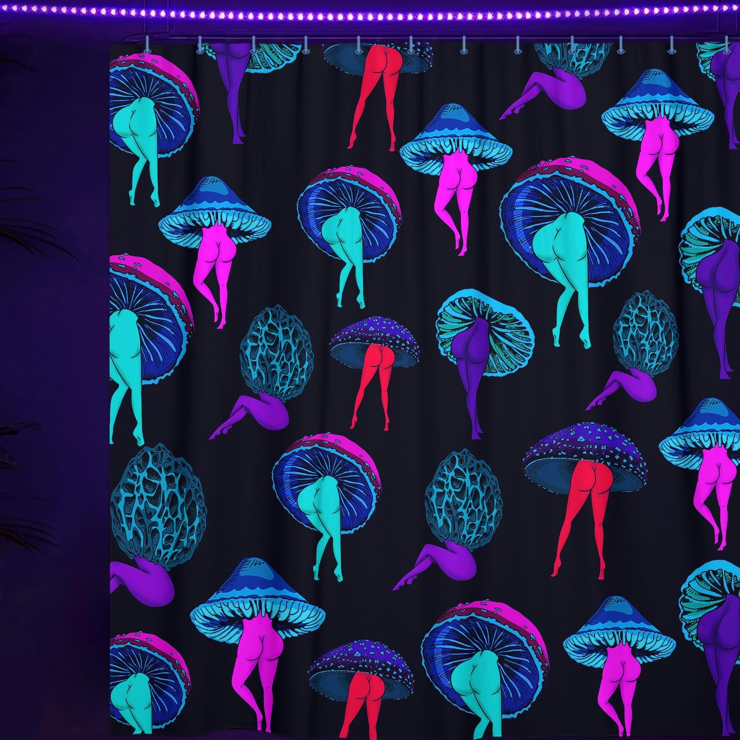 JAWO Funny Hippie Psychedelic Mushroom Blacklight Shower Curtain Bathroom Decor, Cute Butt Tattoo Flash Mushroom Bathroom Curtain, UV Reactive Shower Curtain Sets with Hooks 69x75inches