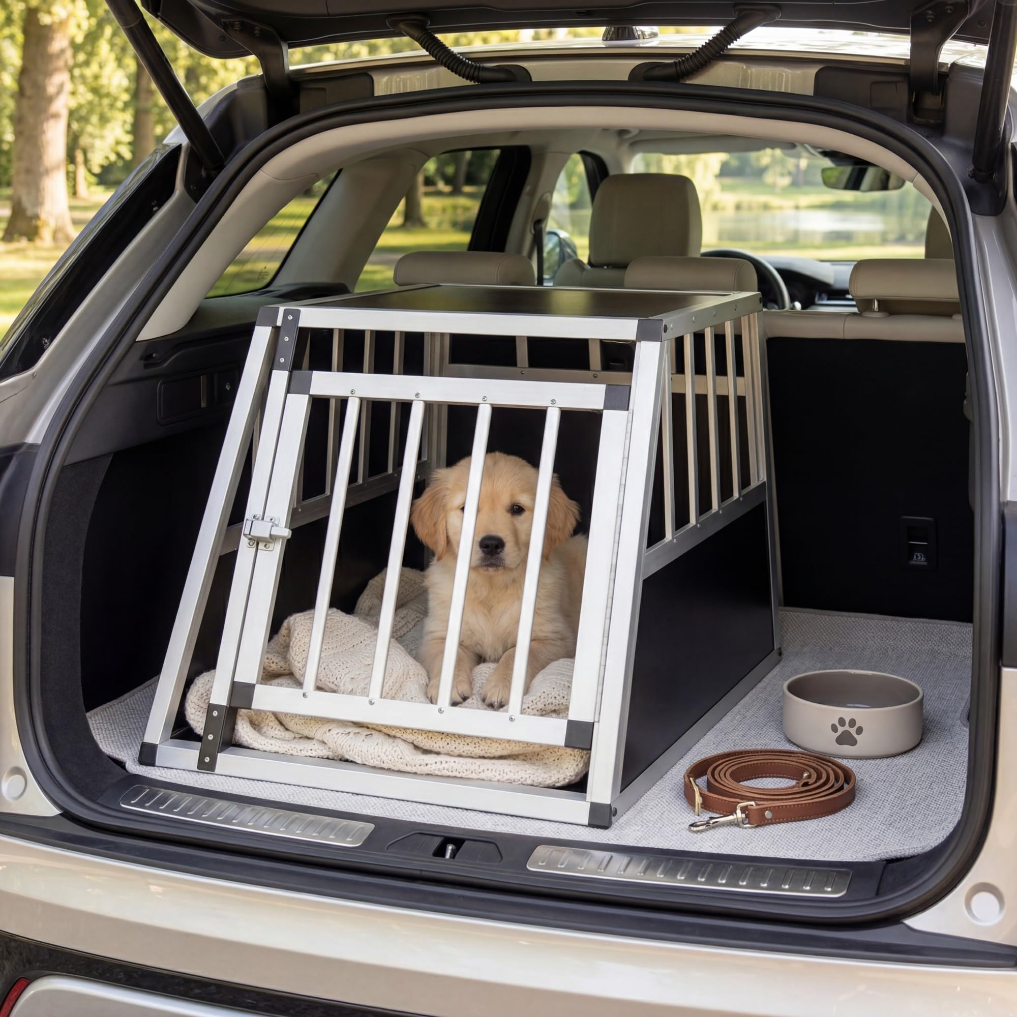 DREAMADE Transportbox Hund Alu, Hundebox Auto Kofferraum (69x54 x 50cm) | trapezförmig hundetransportbox mit abschließbarer Tür & herausnehmbarer Trennwand ür kleine Hunde & Katzen
