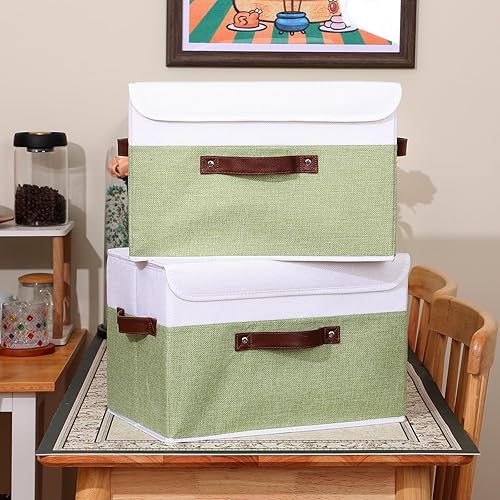 Miniatura 271 de ANMINY 2 contenedores de almacenamiento con tapa, asas de piel sintética, cajas de almacenamiento de plástico PP, decorativas, plegables, de tela