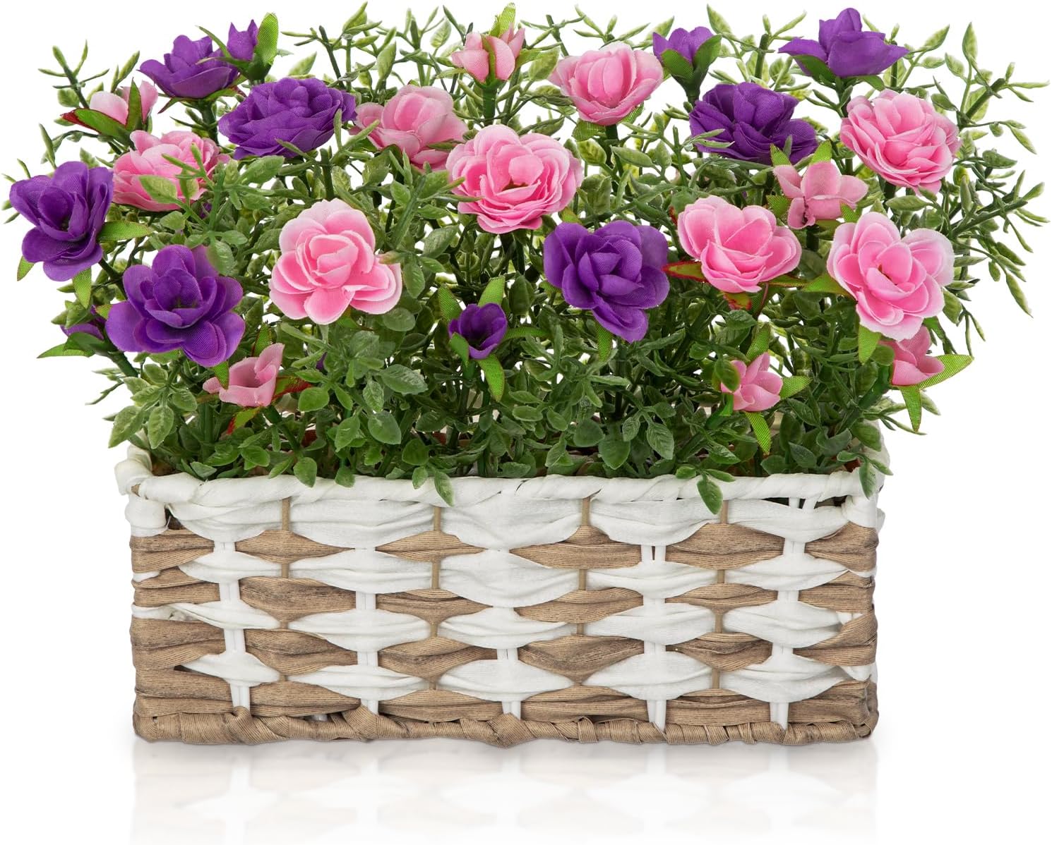 Artificial Rose Flowers with Woven Basket, Faux Blooming Roses in Fake Rattan Planter for Table Centerpiece, Romantic Floral Arrangement for Home Kitchen Entryway Spring Party Decor, Pink & Purple