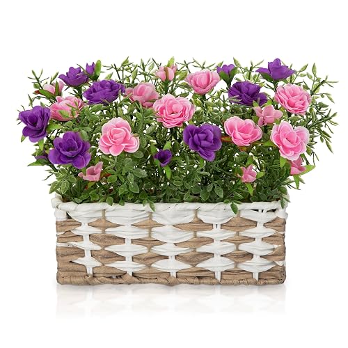 Artificial Rose Flowers with Woven Basket, Faux Blooming Roses in