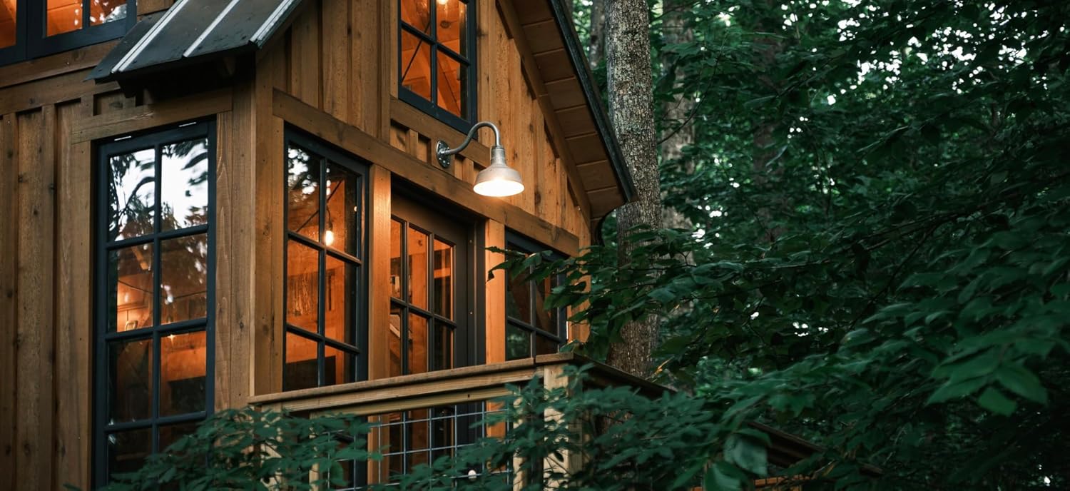 Steel Lighting Co. Hawthorne Barn Light | Outdoor Wall Mounted | 8 inch Dome | 16 inch Gooseneck| Small Farmhouse Light Made in America | Black Exterior/White Interior