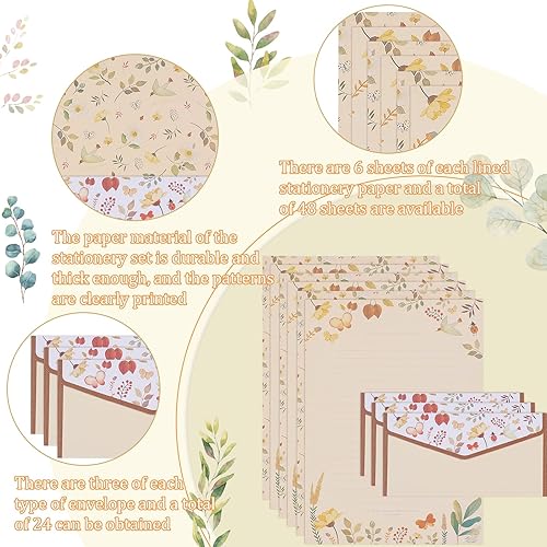 Miniatura 2 de Juego de 72 sobres de papel de papelería y sobres que contiene 48 piezas de papel de carta, 24 sobres de doble cara, diseño floral forrado para