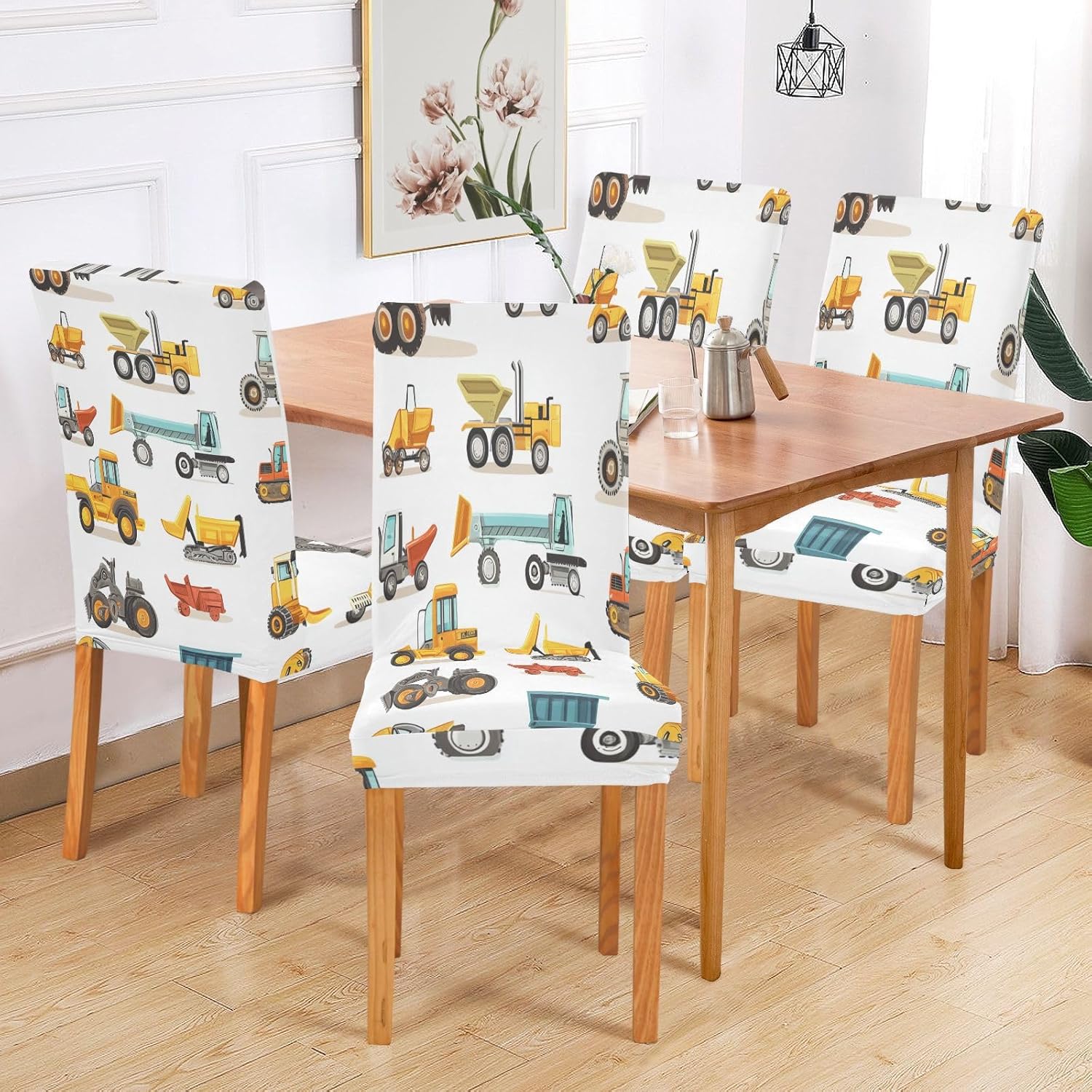 ALAZA Chair Covers for Dining Room, Cartoon Heavy Machinery Cars Vehicles Stretch Chair Cover Sets Chair Protector Removable Washable for Ktichen Restaurant Hotel