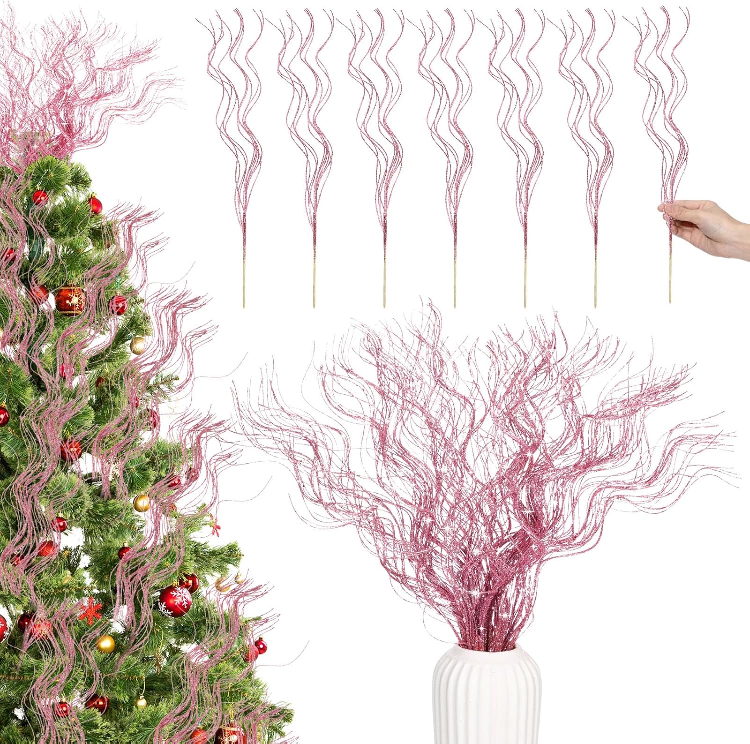 Lyrow 30 Pcs 17 Inch Christmas Glitter Curly Ting Ting Branches Sticks Stems Decorative Vase Filler Branches Artificial Curly Wispy Willow Twigs for Christmas Wreath Home Craft Decor (Red)