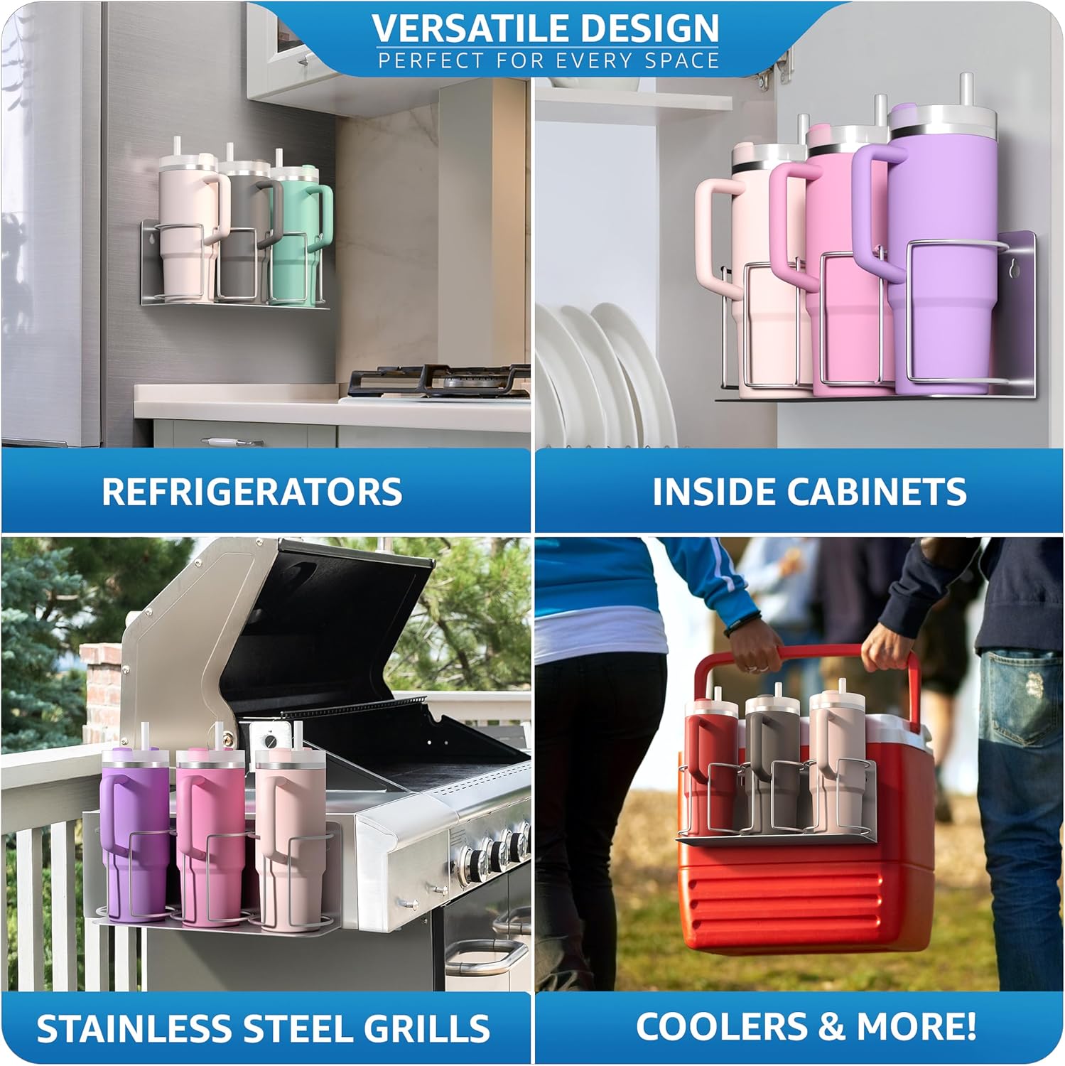 Sorbus Stanley Cup Organizer – 3-Cup Holder for Cabinet, Fridge, or Wall – Magnetic or Screw Mount – Stanley Storage Organizer for 20oz 30oz 40oz Cups, Tumblers, and Water Bottles (Silver 2-Pack) - Image 5