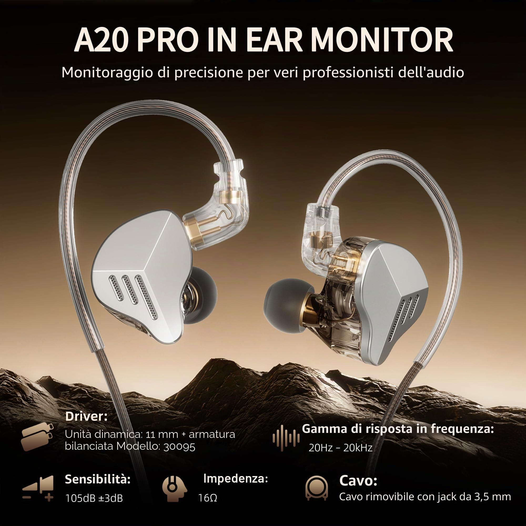 HIFI WALKER A20 PRO In-Ear Monitor Headphones – Hybrid 1BA+1DD Drivers, Detachable Cable, Stainless Steel Faceplate, High-Resolution Sound for Musicians, Singers, Audiophiles, Drummers
