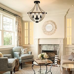 Farmhouse Light Fixtures Chandelier, 4-Light Rustic Flush Mount Ceiling Light, Beige Wood Light Fixture for Dining Room Kitchen Foyer Hallway Entryway Bedroom Closet